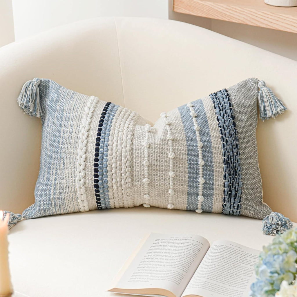 BlissBlush Decorative Lumbar Throw Pillow Cover 12x20 Coastal Blue Accent Cushion for Couch Sofa Farmhouse Pillowcase for Bedroom Living…