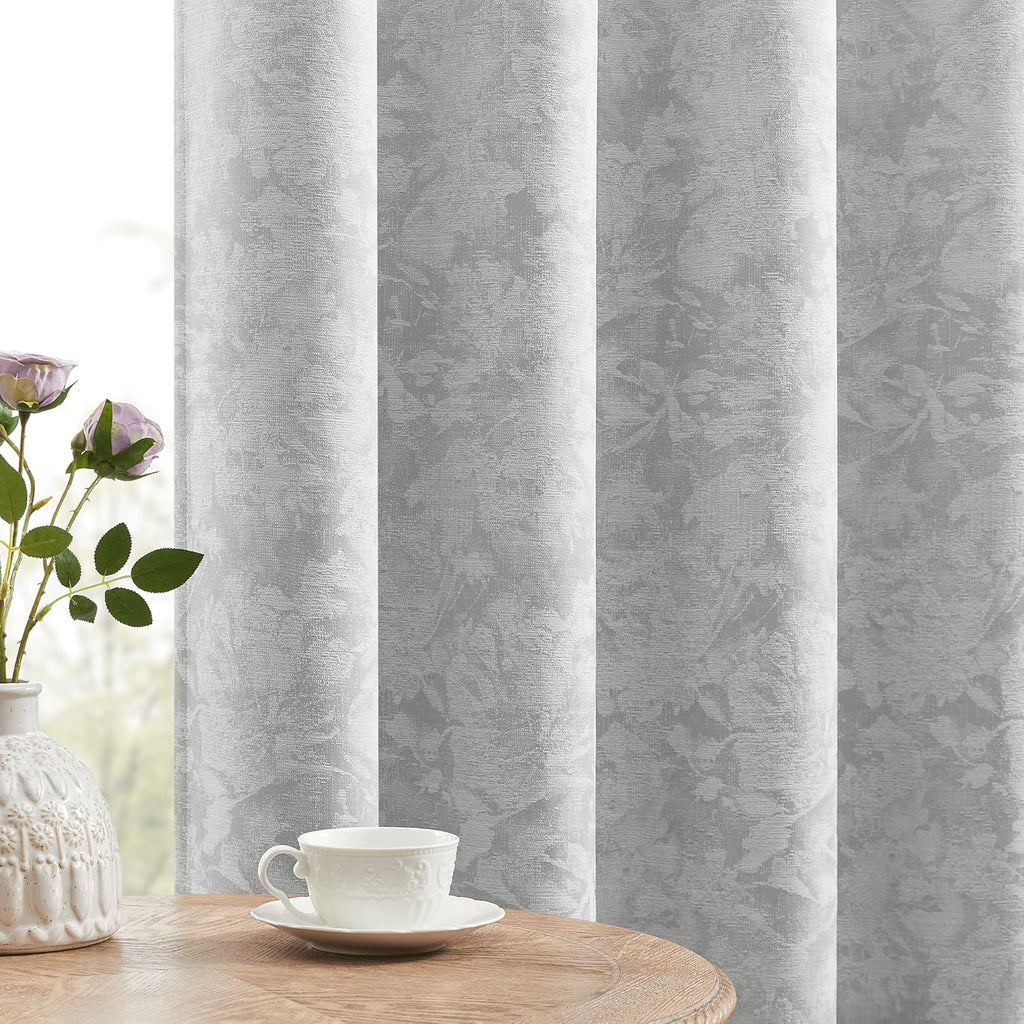 Beauoop Grey Floral Jacquard Blackout Curtains 108 Inches Long 2 Panels for Bedroom Living Room Chenille Flower Room Darkening Thermal…