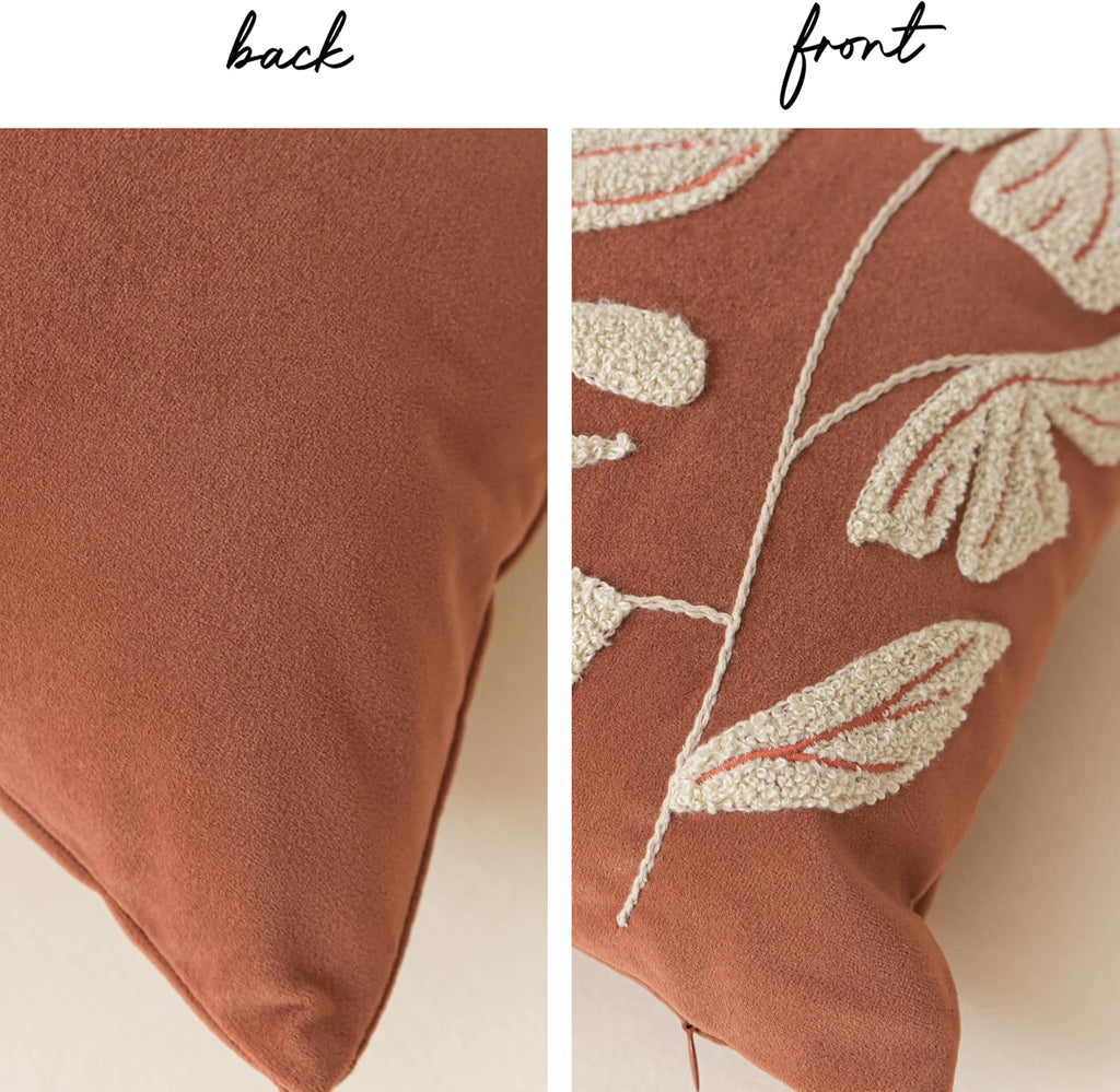 BlissBlush 14x36 Lumbar Pillow Cover for Bed, Brick Red Rectangular Long Throw Pillowcase, Embroidered Velvet Floral Tufted Farmhouse…