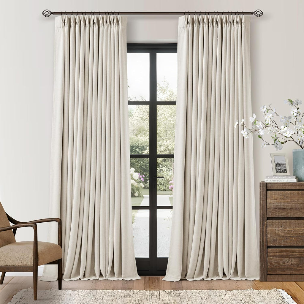 Twodrapes Cream White Linen Blackout Pleated Curtains 108 Inches Long 2 Panels Set Pinch Pleate 100% Black Out Double Layer Natural Burlap…