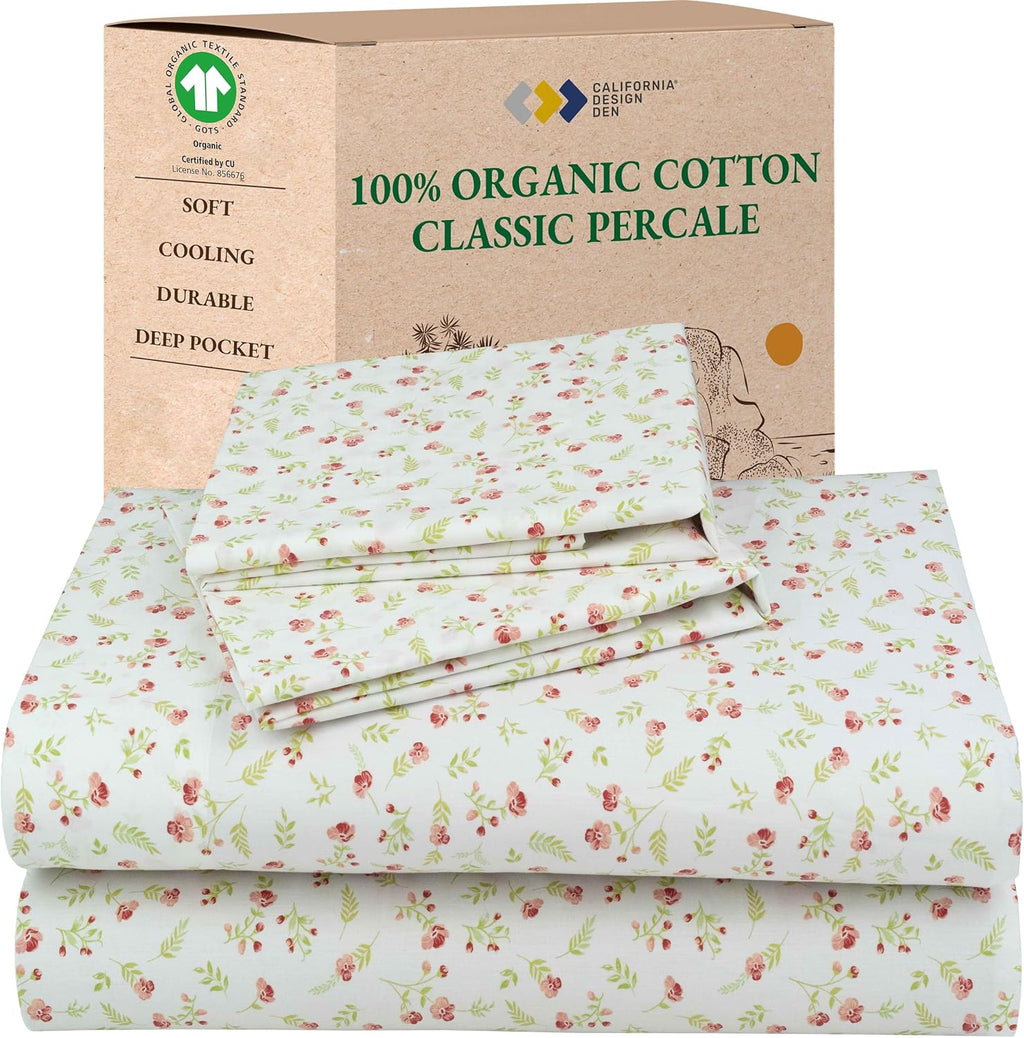 CaliforniaDesignDen California Design Den Full Sheet Set Floral, 100% Organic Cotton Percale Sheets, Deep Pocket Full Sheets & Pillowcase S…