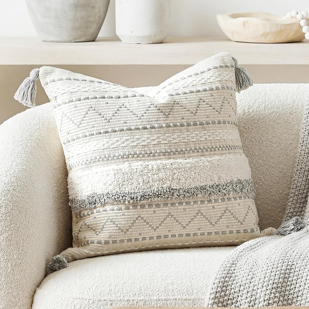 BlissBlush 20X20 Throw Pillow Cover, Cream Neutral Square Decorative Cushion Cover with Gray Pattern, Boho Accent Pillowcase with Tufted…