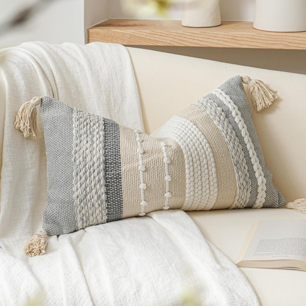 BlissBlush Decorative Lumbar Throw Pillow Cover 14x24 Boho Gray Accent Cushion for Couch Sofa Farmhouse Pillowcase for Bedroom Living…