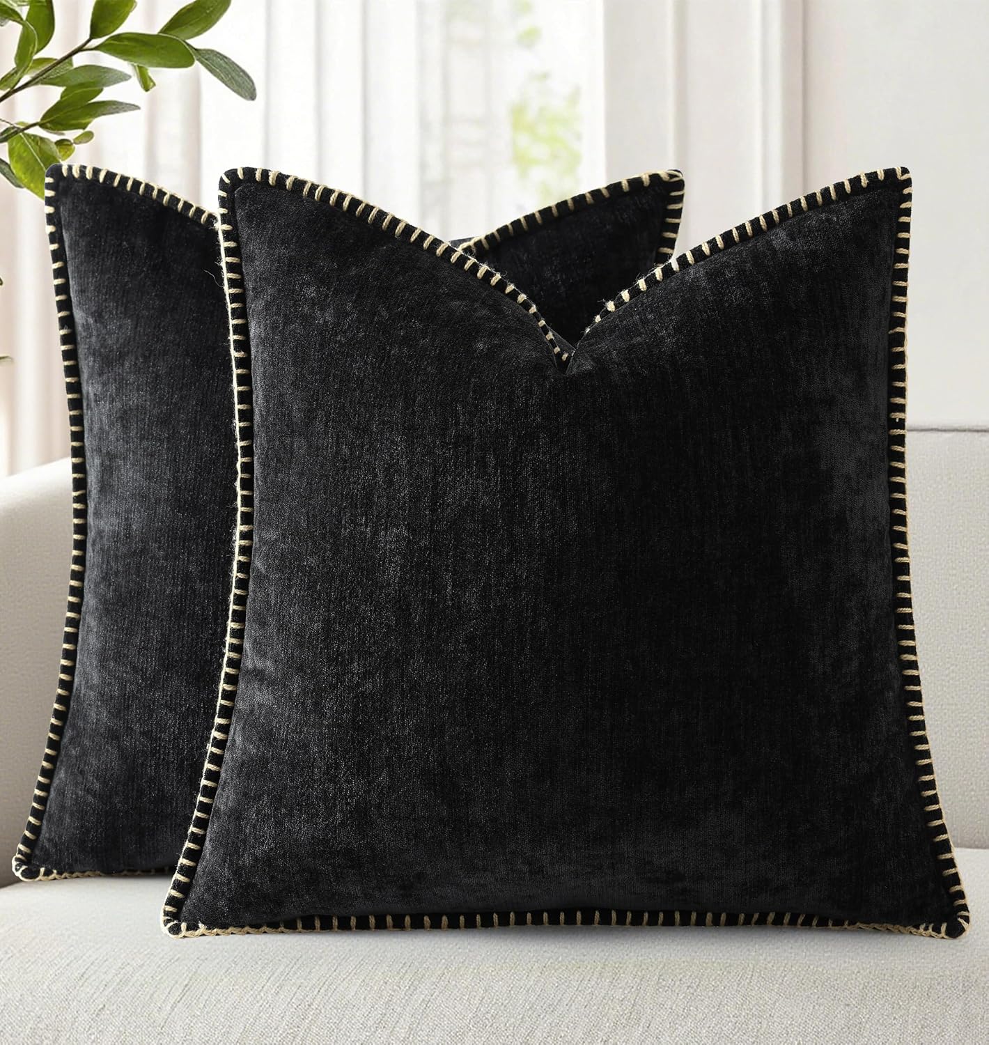 decorUhome Chenille Soft Cozy Throw Pillow Covers 24x24 Set of 2, Modern Farmhouse Boho Velvet Decorative Euro Sham Pillow Cases with Stitc…