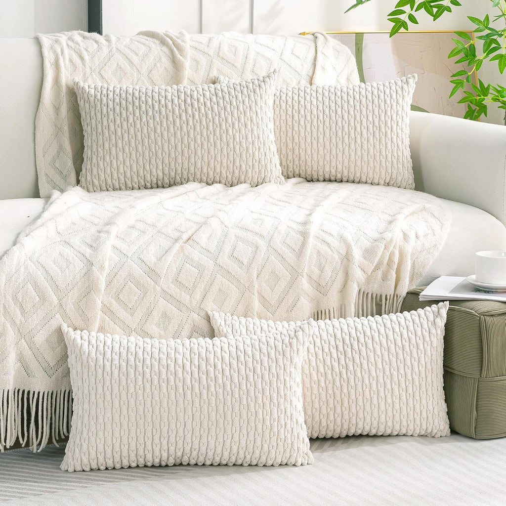 Cozoomy Set of 4 Cream White Decorative Throw Pillow Covers 12x20 Inch Corduroy Pillow Covers for Bed Couch Sofa Living Room Soft Cushion C…