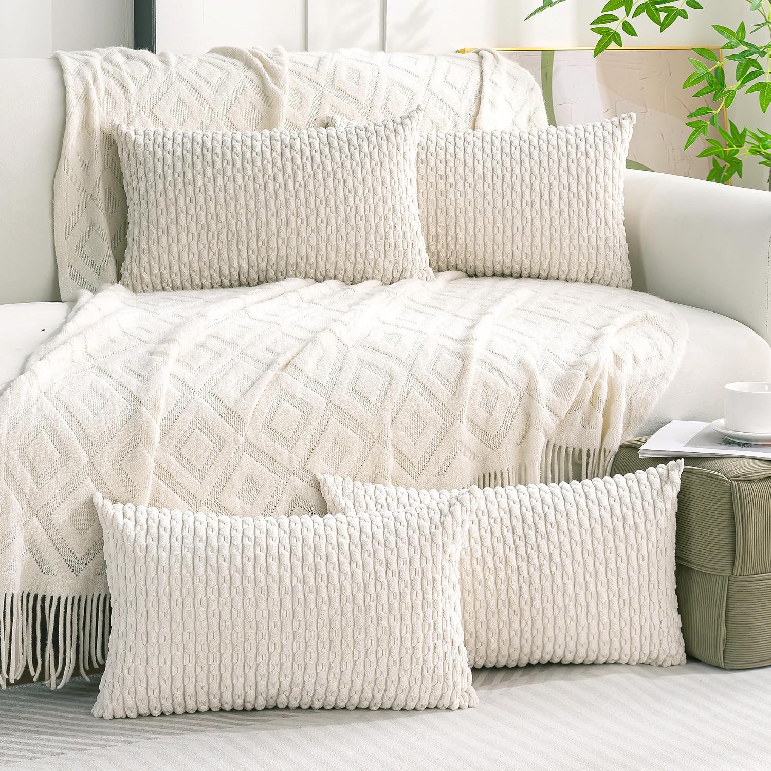 Cozoomy Set of 4 Cream White Decorative Throw Pillow Covers 12x20 Inch Corduroy Pillow Covers for Bed Couch Sofa Living Room Soft Cushion C…