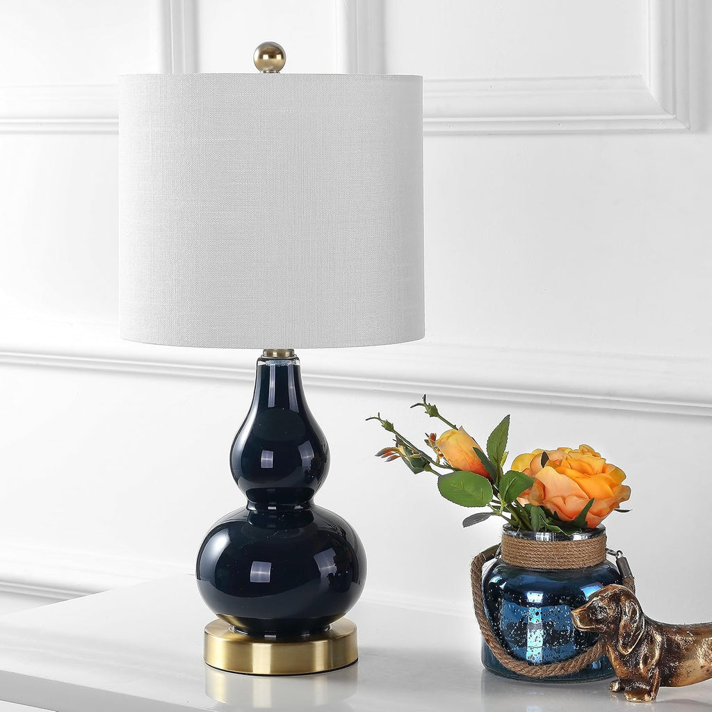 JONATHAN Y 20.5" Navy Glass Table Lamp, Modern Gourd Bedside Nightstand Lamp for Bedroom, Living Room, White Linen Shade, LED Bulb…