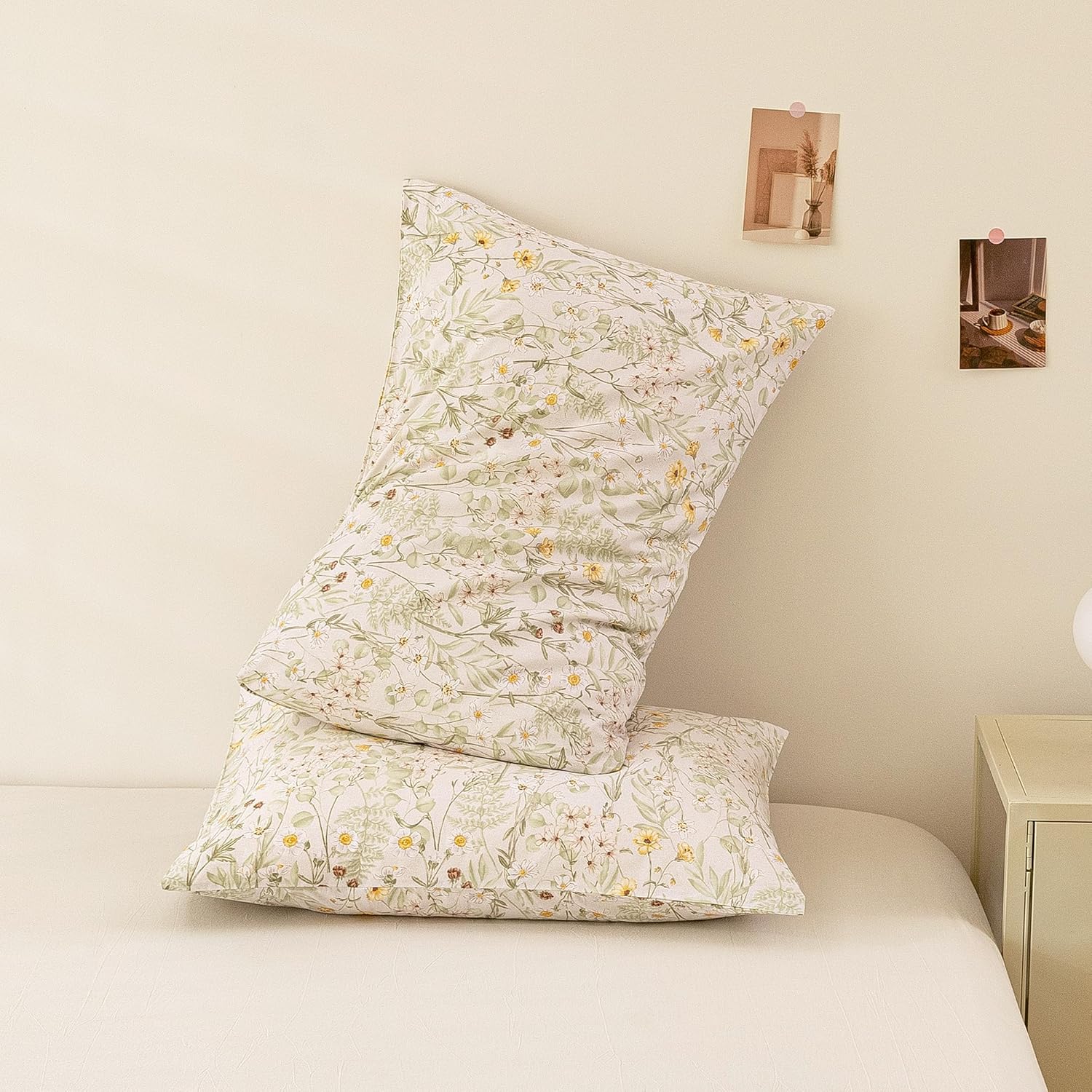 ECOCOTT Floral Pillowcases Standard Size 2 Pack, 100% Washed Cotton Pillow Cases with Envelope Closure, Green Botanical Wildflower…
