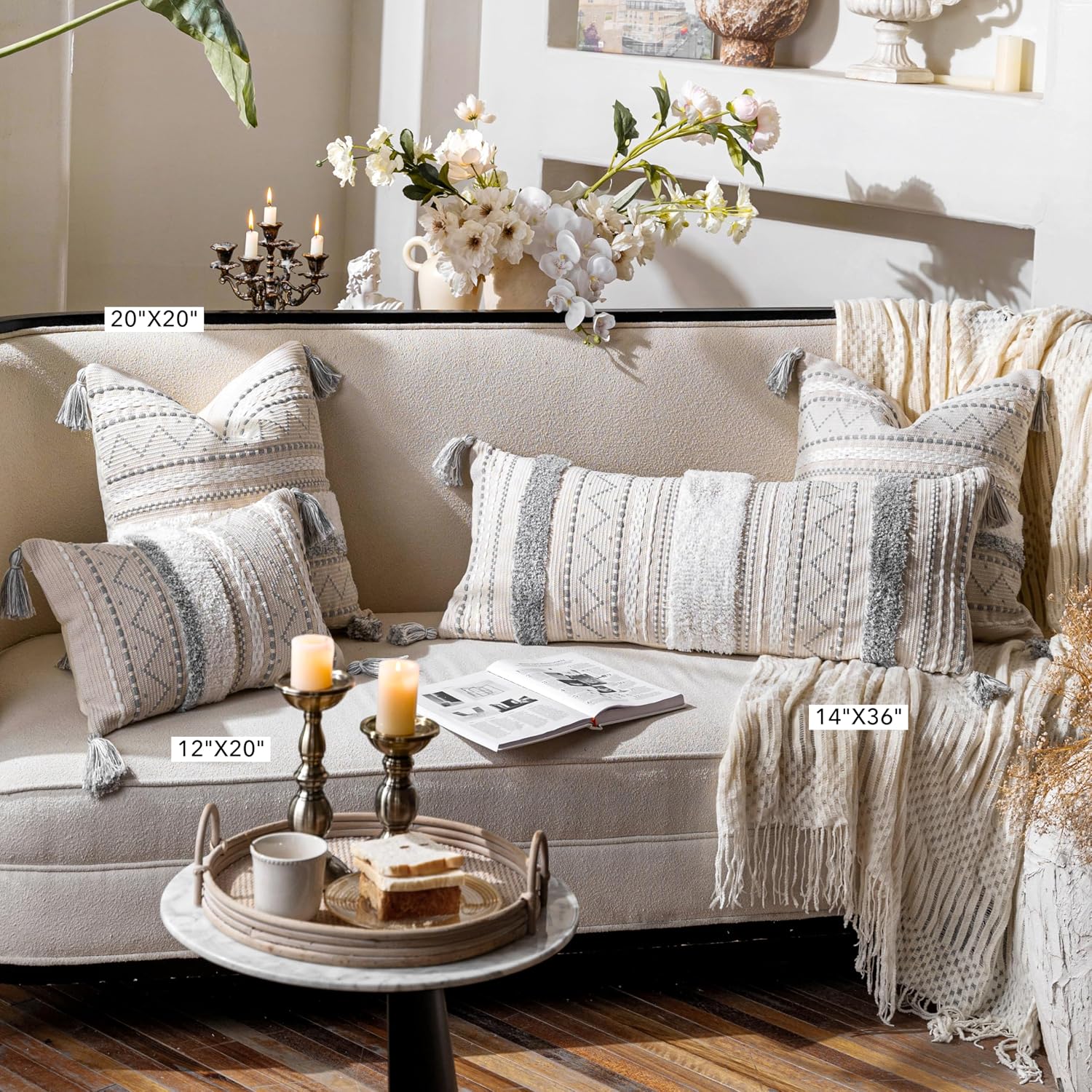 BlissBlush Gray Decorative Throw Pillow Covers 20x20 Combo Set of 2 Square Boho Neutral Grey Accent Pillowcase Tassels Farmhouse Cushion…