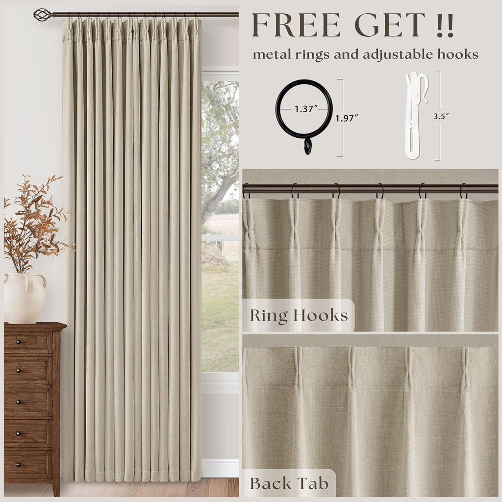 Twodrapes Pinch Pleat Beige 120 Inch Blackout Curtains for Living Room 2 Panels Set 100% Black Out Flax Burlap Beige Oatmeal Pleated Drapes…