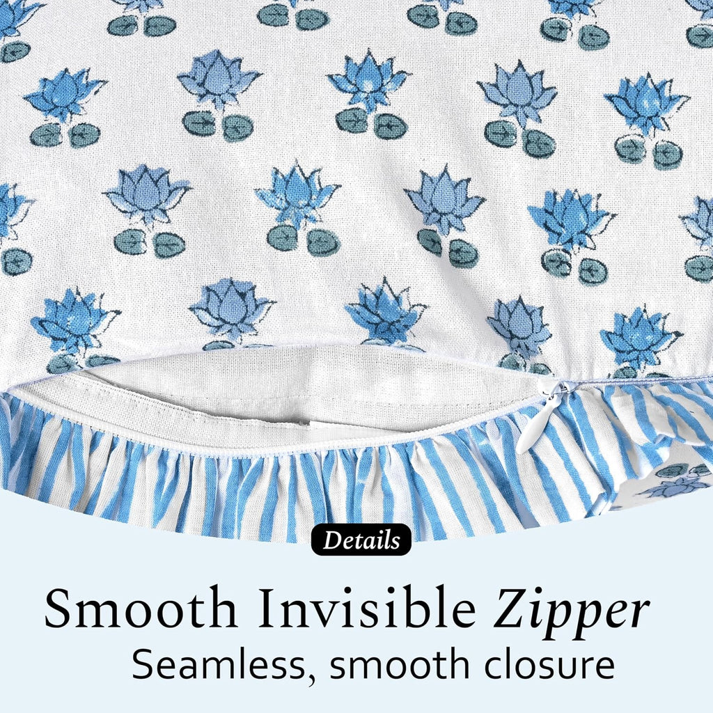 Cottonprintclub CPC Hand Block Print Arctic Blue Ruffle Sham Pillow Cover 36" x 14" inch Hidden Zipper Decorative Pillowcase for Couch, Bed…