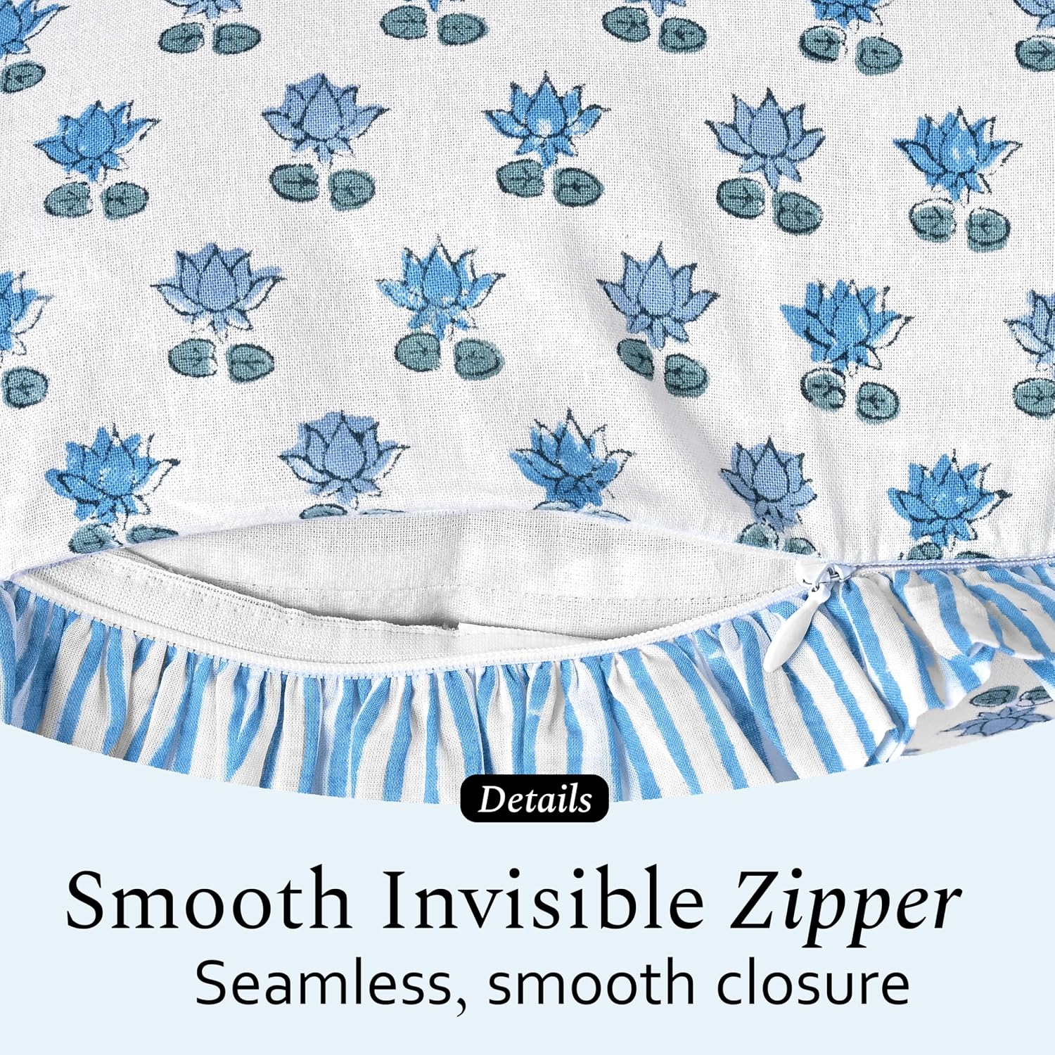 Cottonprintclub CPC Hand Block Print Arctic Blue Ruffle Sham Pillow Cover 36" x 14" inch Hidden Zipper Decorative Pillowcase for Couch, Bed…