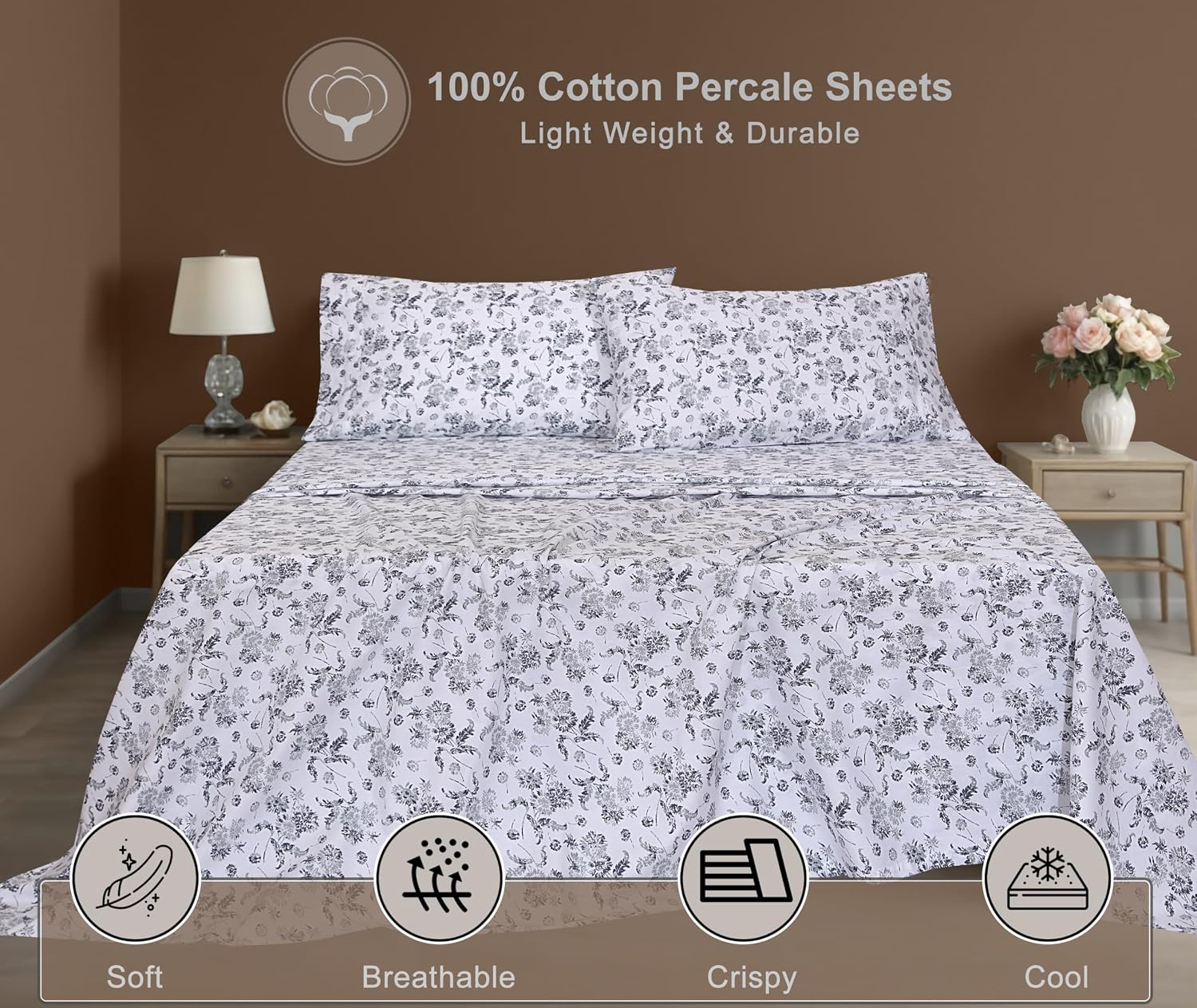 Zoyer 100% Cotton Sheets – King Size Percale Bedding, Cooling & Breathable, Durable with a Crisp, Soft & Comfortable Feel, 16" Deep Pocket,…