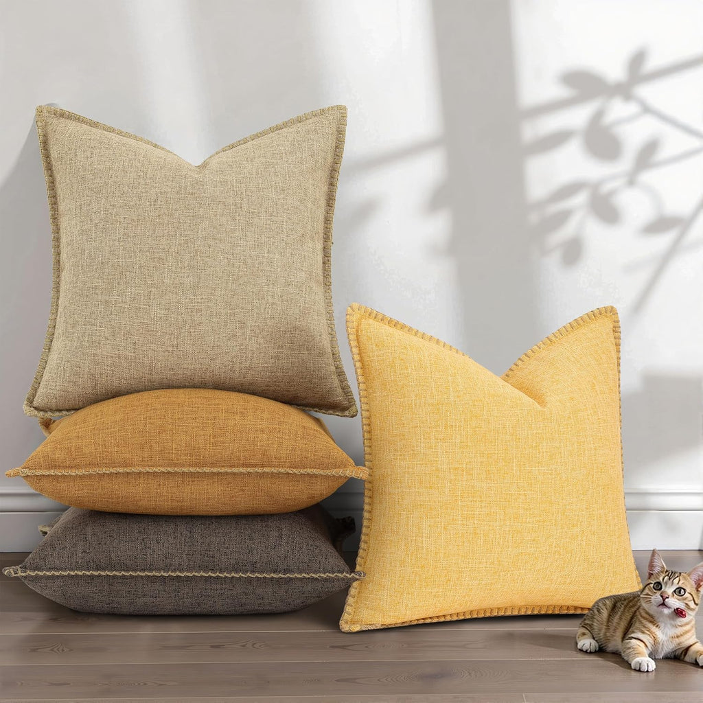 decorUhome Summer Decorative Throw Pillow Covers 16x16 Set of 2 Square Faux Linen Outdoor Neutral Farmhouse Pillow Covers with Stitched…