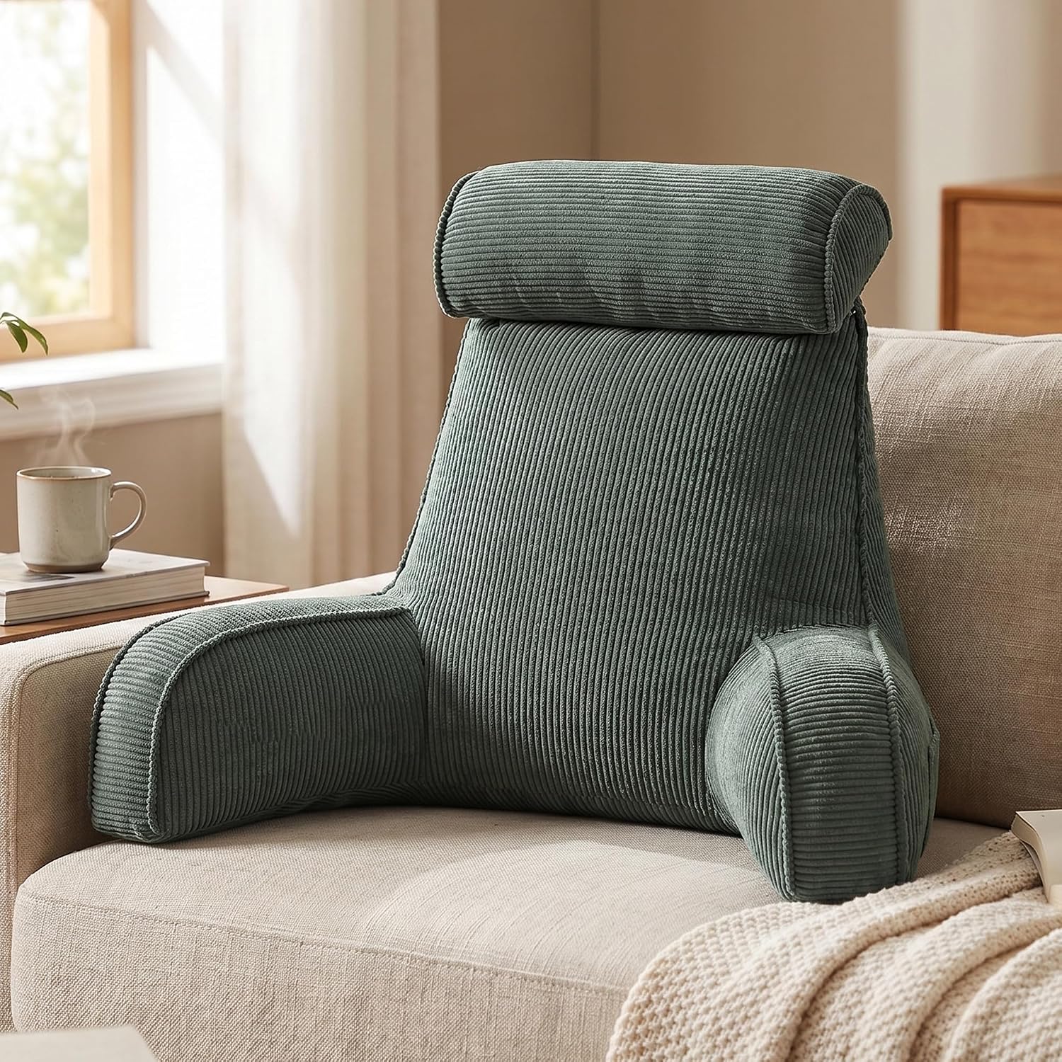 Ailuteie Sit Up Reading Pillow, Backrest Pillow with Arms, Corduroy Back Support Cushion with Side Pockets & Washable Cover, Bed Rest Suppo…