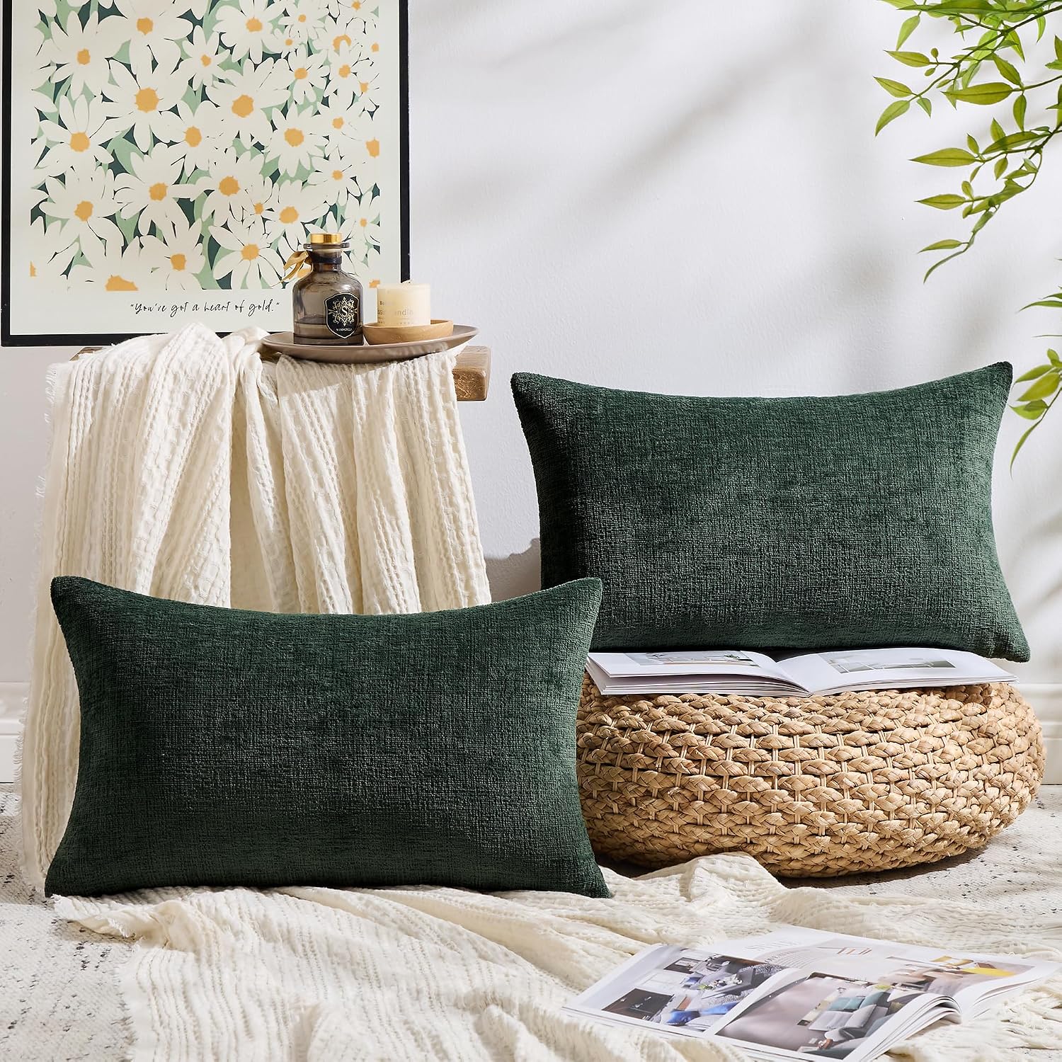 Gawamay Set of 2 Decorative Lumbar Soft Chenille Throw Pillow Covers 12x20 Inch (30x50 CM), Boho Farmhouse Cushion Cases, Couch Pillow Cove…