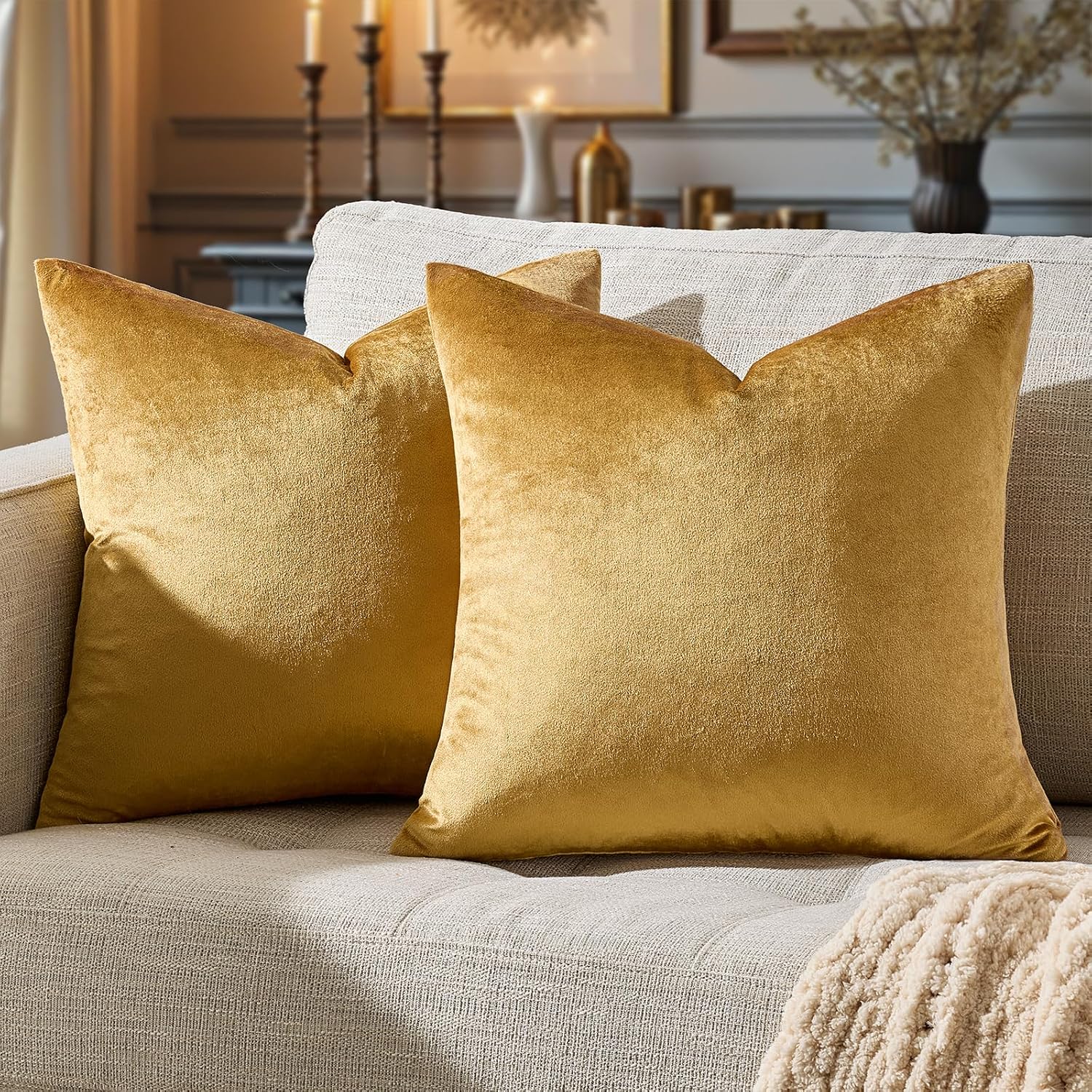 GIGIZAZAFocusingonhomedecoration GIGIZAZA Golden Throw Pillow Covers 26x26 Decorative Velvet Cushion Covers Pack of 2 Pillowcase for Sofa