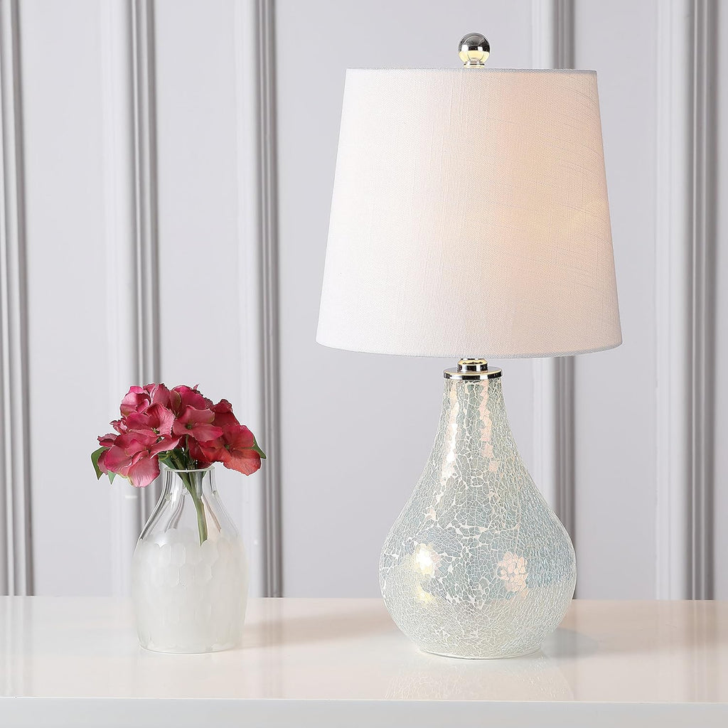 JONATHAN Y 20.5" Mosaic White Coastal Mini LED Table Lamp for Living Room Office, White Linen Drum Shade, Modern Mother of Pearl Bedside…