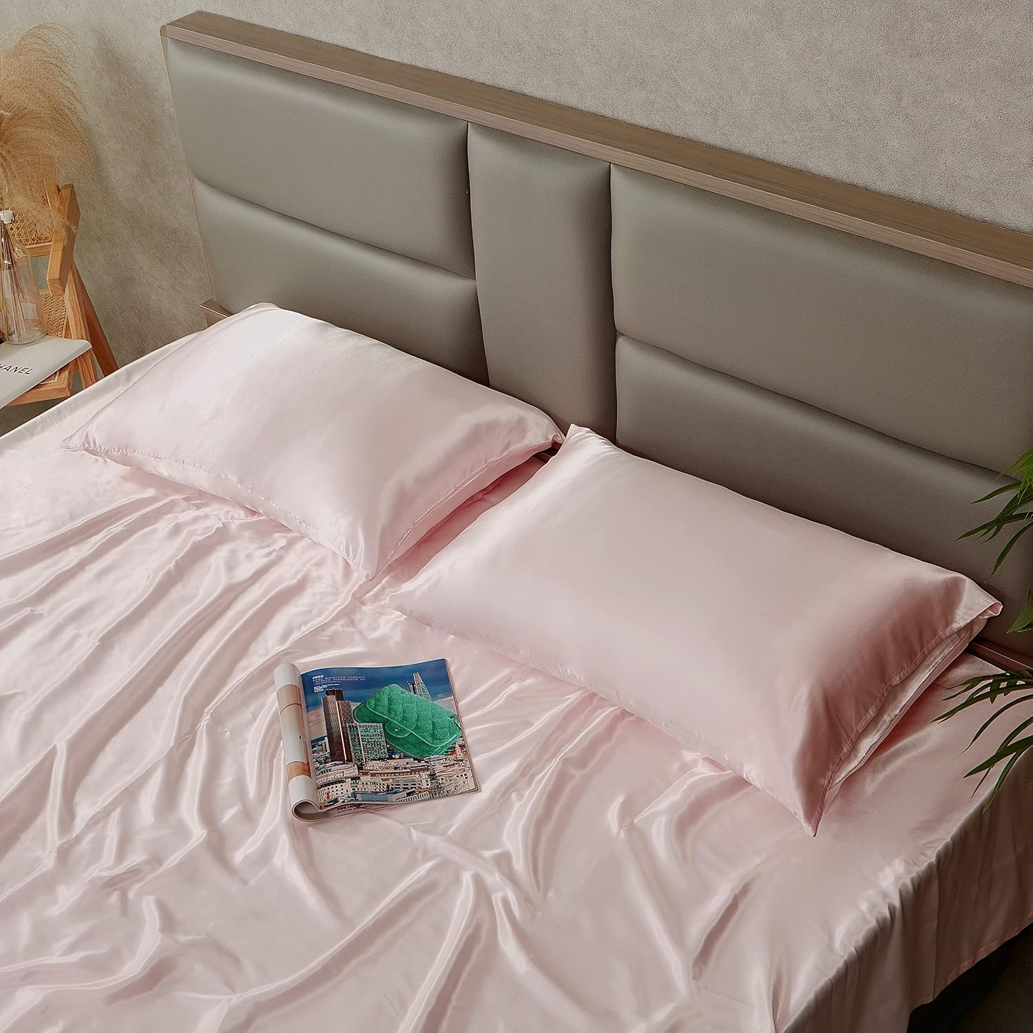 HommxJF Blush Pink Satin Pillowcase Queen Size Set of 2 for Hair and Skin, Blush Pink Silk Pillowcase Breathable Pillowcase with Envelope C…