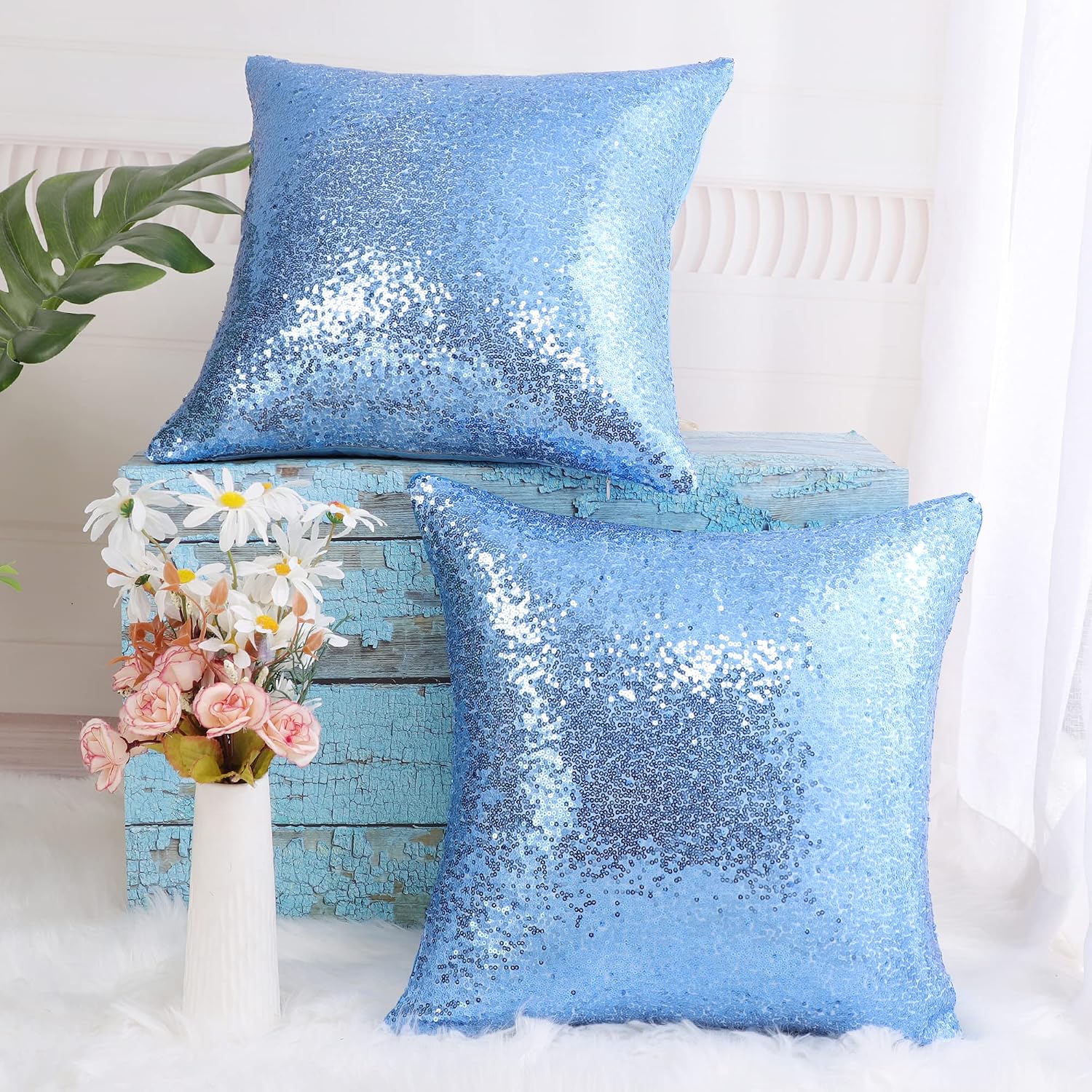 uxcell 2 Pcs Sequin Throw Pillow Covers, Shiny Sparkling Comfy Satin Cushion Covers, Decorative Pillowcases for…