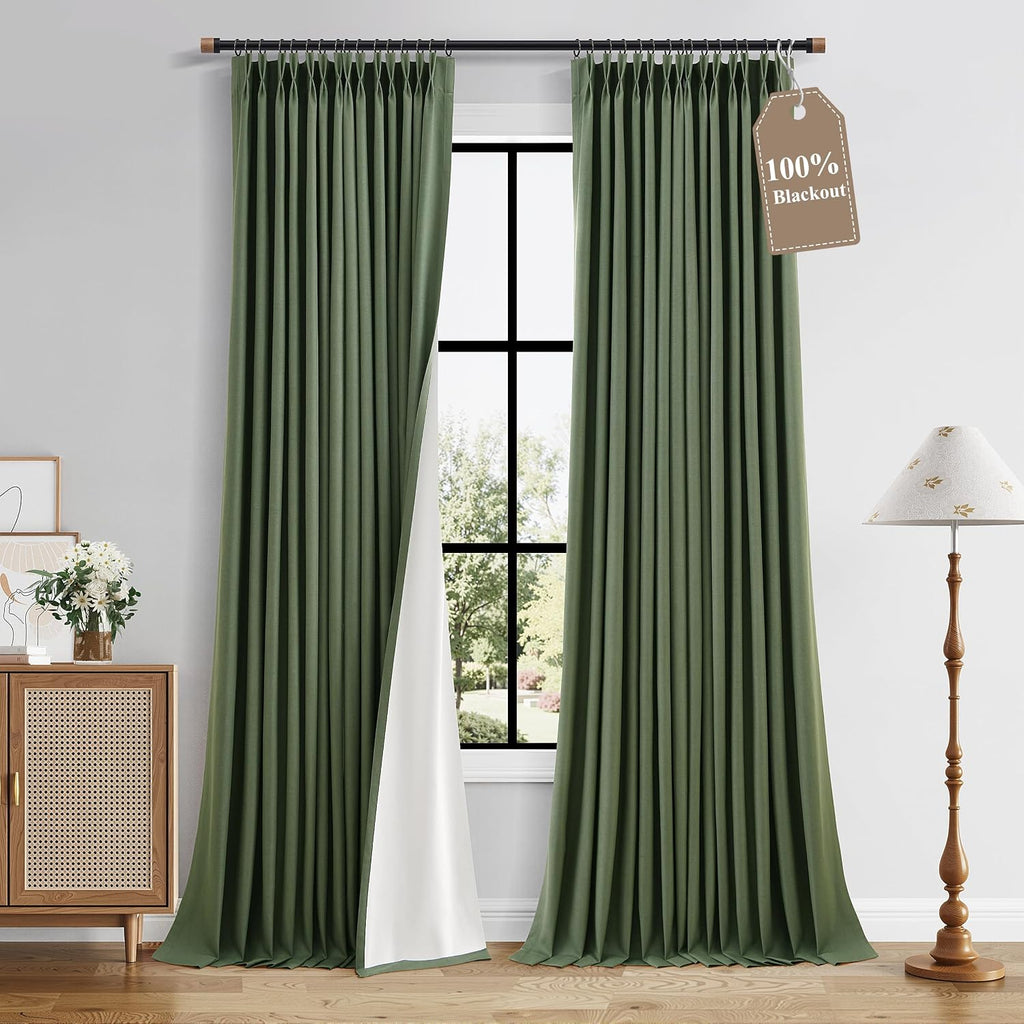 Boodii Olive Green 100% Blackout Linen Pinch Pleated Curtains 108 Inches Long 2 Panels for Living Room Pleat Drapes Room Darkening Back Tab…