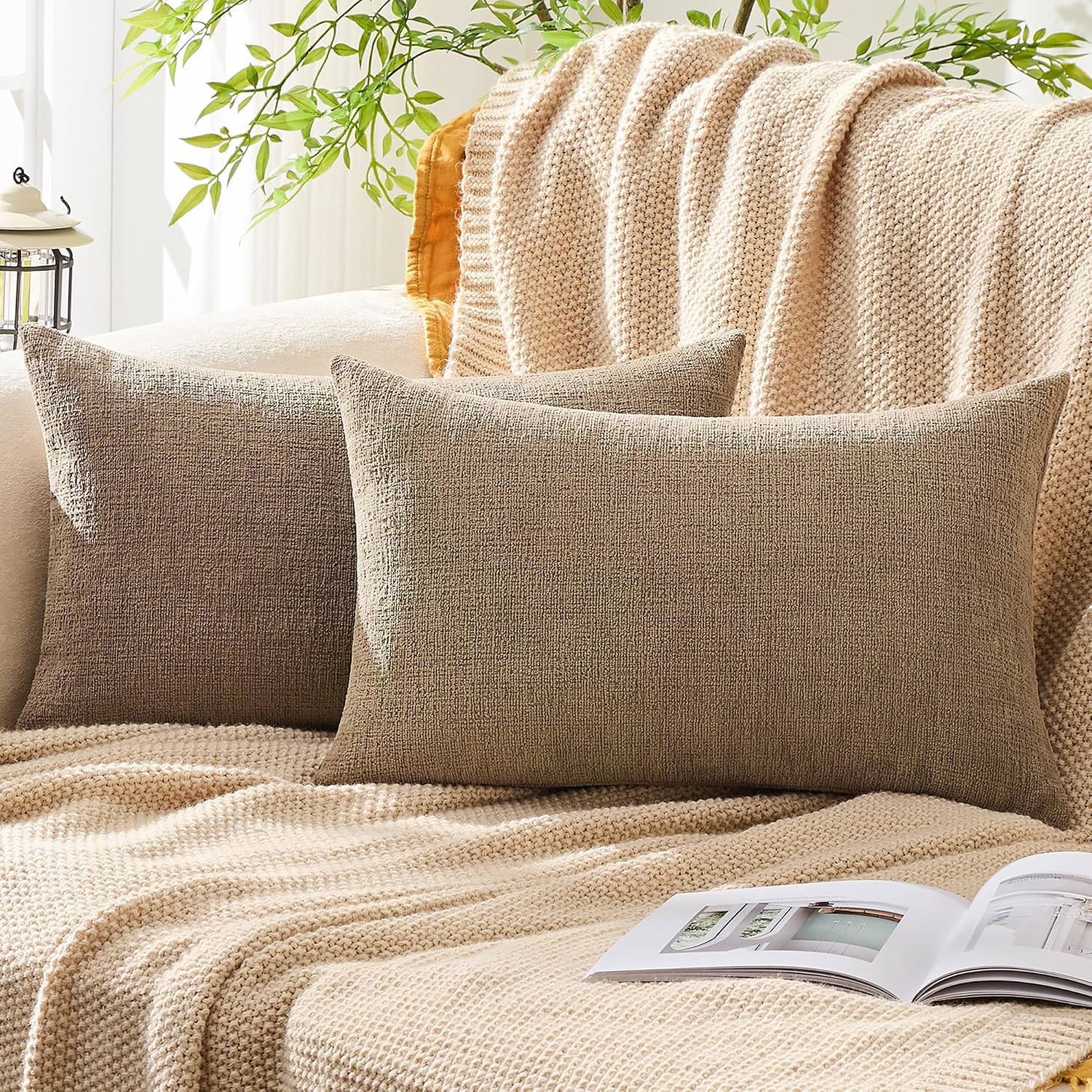 Gawamay Set of 2 Decorative Lumbar Soft Chenille Throw Pillow Covers 12x20 Inch, Boho Farmhouse Cushion Cases, Couch Pillow Covers for Livi…