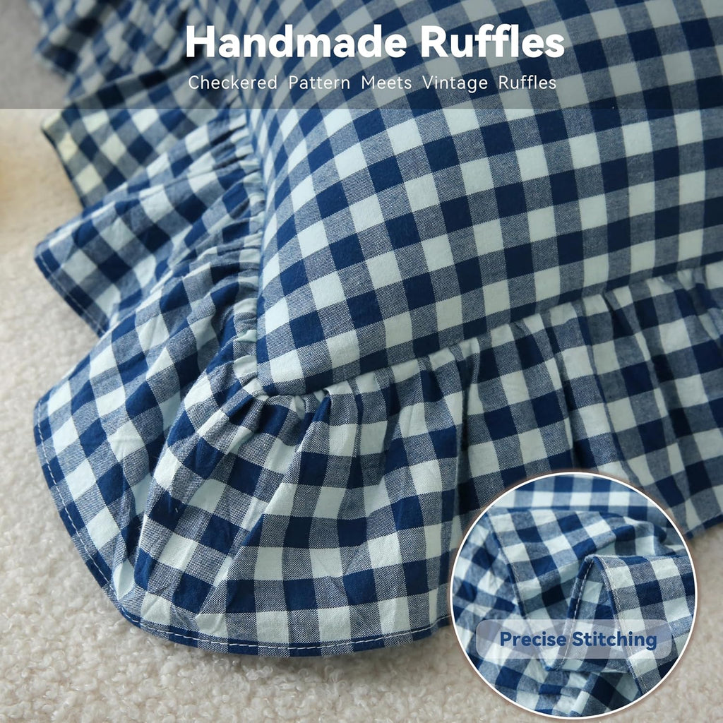 Jilboo 2 Pack 18 x18 inches Navy Blue/White Checkered Throw Pillow Covers 100% Washed Cotton Vintage Ruffle Trim Decorative Gingham Pillowc…