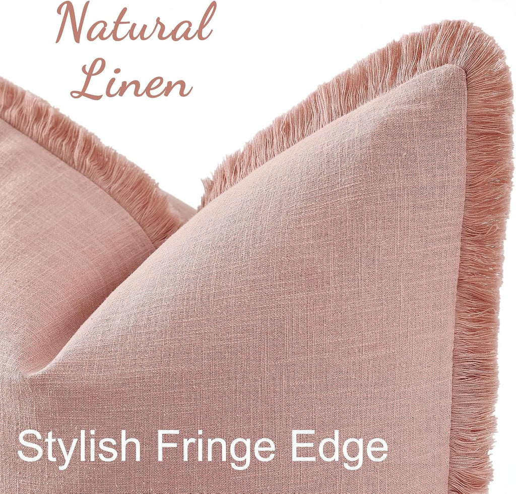 decorUhome Summer Decorative Neutral Linen Fringe Euro Sham Throw Pillow Covers Set of 2 Pink Pillow Covers with Tassels Soft Farmhouse Boh…