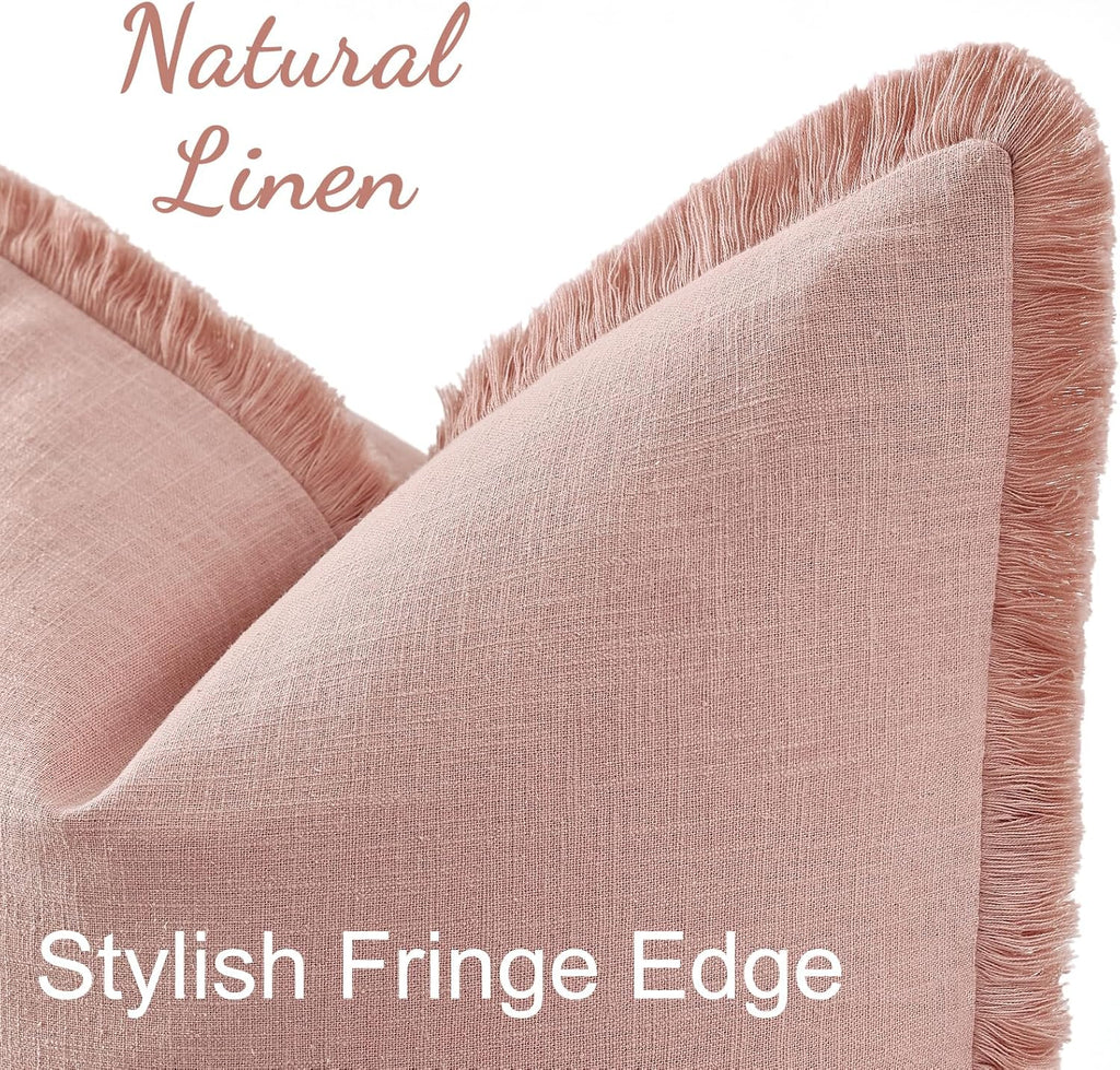 decorUhome Summer Decorative Neutral Linen Fringe Throw Pillow Covers Set of 2 Pink Pillow Covers with Tassels Soft Farmhouse Boho Accent P…