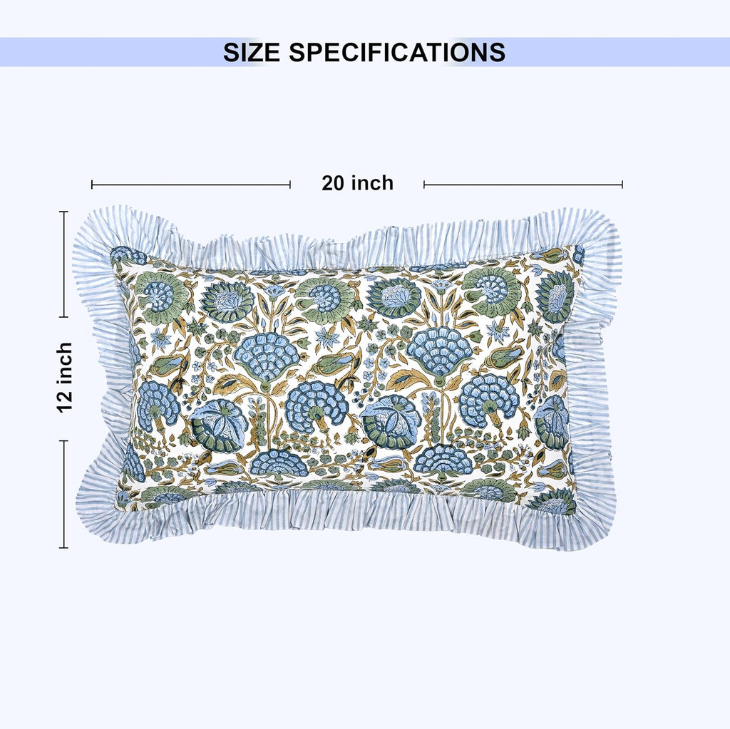 Ridhi Block Print Asparagus Green 20"x12" Set 1-100% Cotton Ruffle Lumbar Sham Cover Boho Floral Pillowcase, Farmhouse Cottagecore…