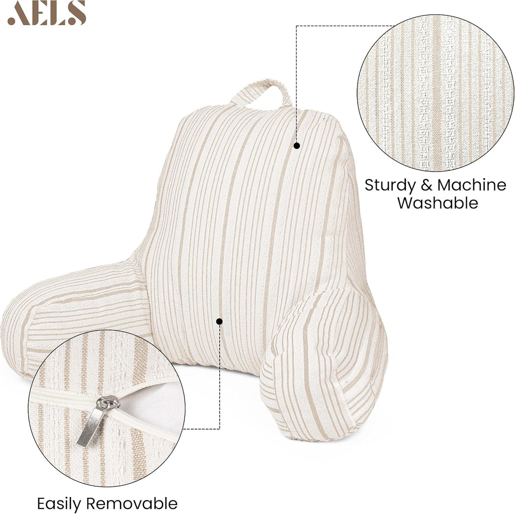 Aels Reading Pillow Replacement Cover (No Insert) with Arms and Pockets, 18" Beige with Light Brown Stripes Textured Backrest Pillow Cover…