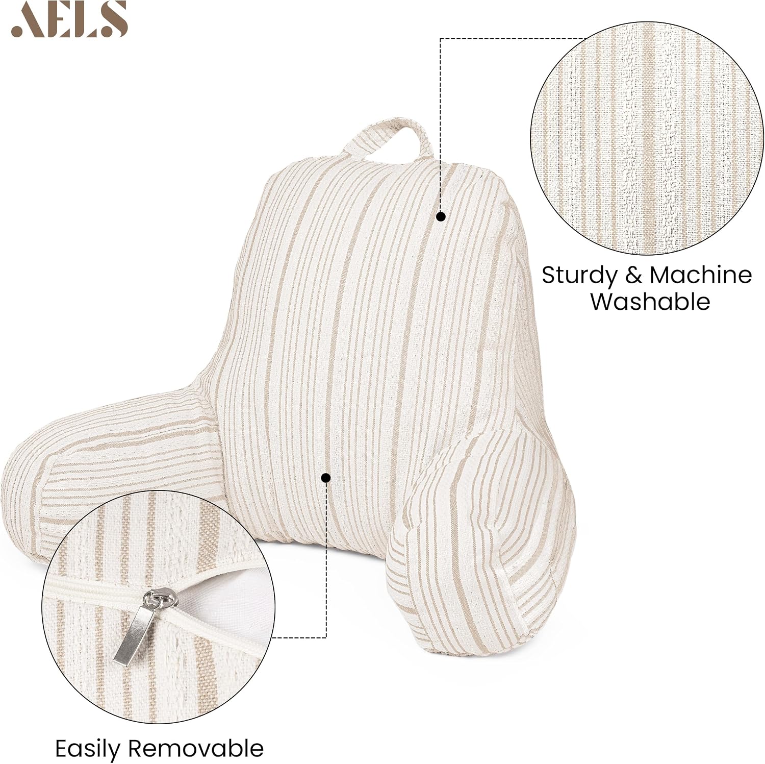 Aels Reading Pillow Replacement Cover (No Insert) with Arms and Pockets, 18" Beige with Light Brown Stripes Textured Backrest Pillow Cover…