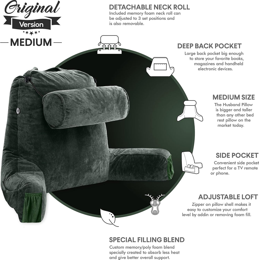 HusbandPillow Husband Pillow Medium Reading Pillow with Arms - 23" Backrest for Sitting Up in Bed - Firm Support Bed Rest Pillow for Adults…