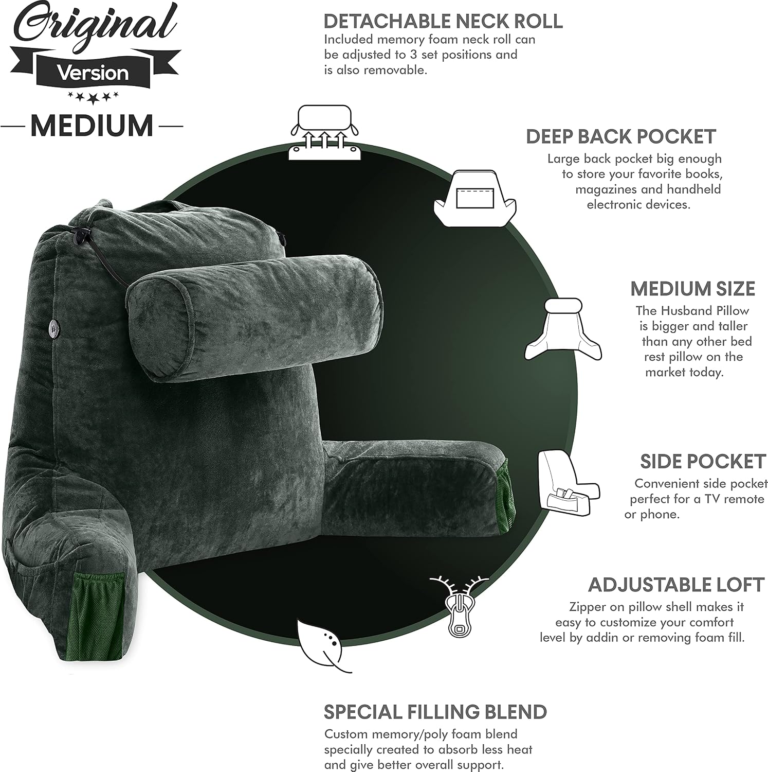 HusbandPillow Husband Pillow Medium Reading Pillow with Arms - 23" Backrest for Sitting Up in Bed - Firm Support Bed Rest Pillow for Adults…