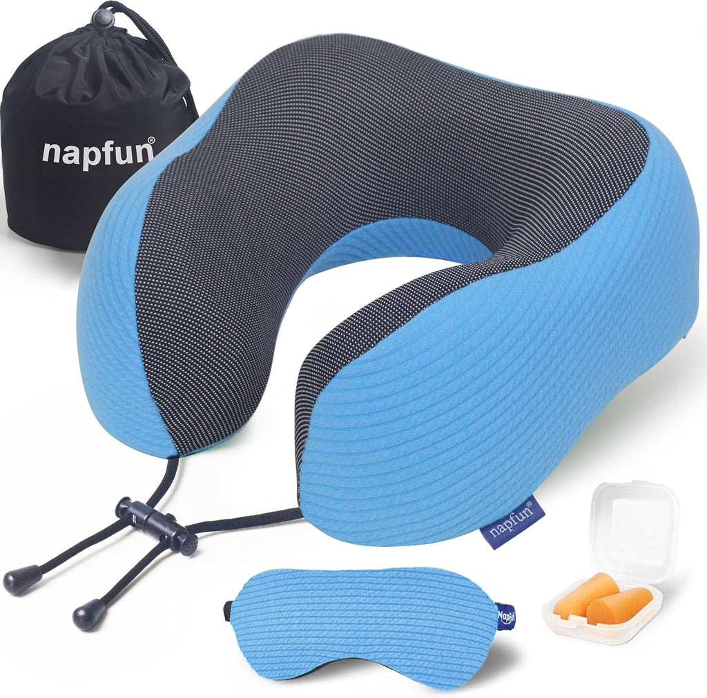 napfun Neck Pillow for Travel with Travel Pouch, Sleep Mask & Earplugs, Memory Foam Airplane Pillow for Headrest Sleep with Eyeshades…