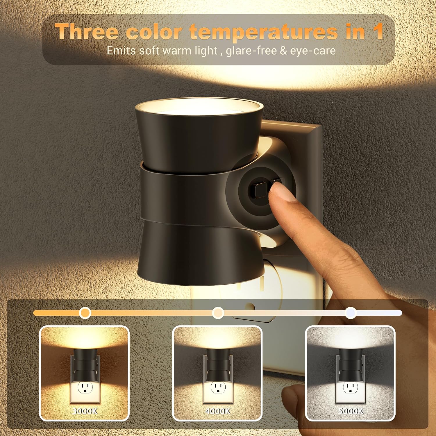 JandCase Night Light, Night Lights Plug Into Wall with 3 Color Temperatures, 2 Pack Dusk to Dawn Sensor Dimmable Nightlight, 3CCT…