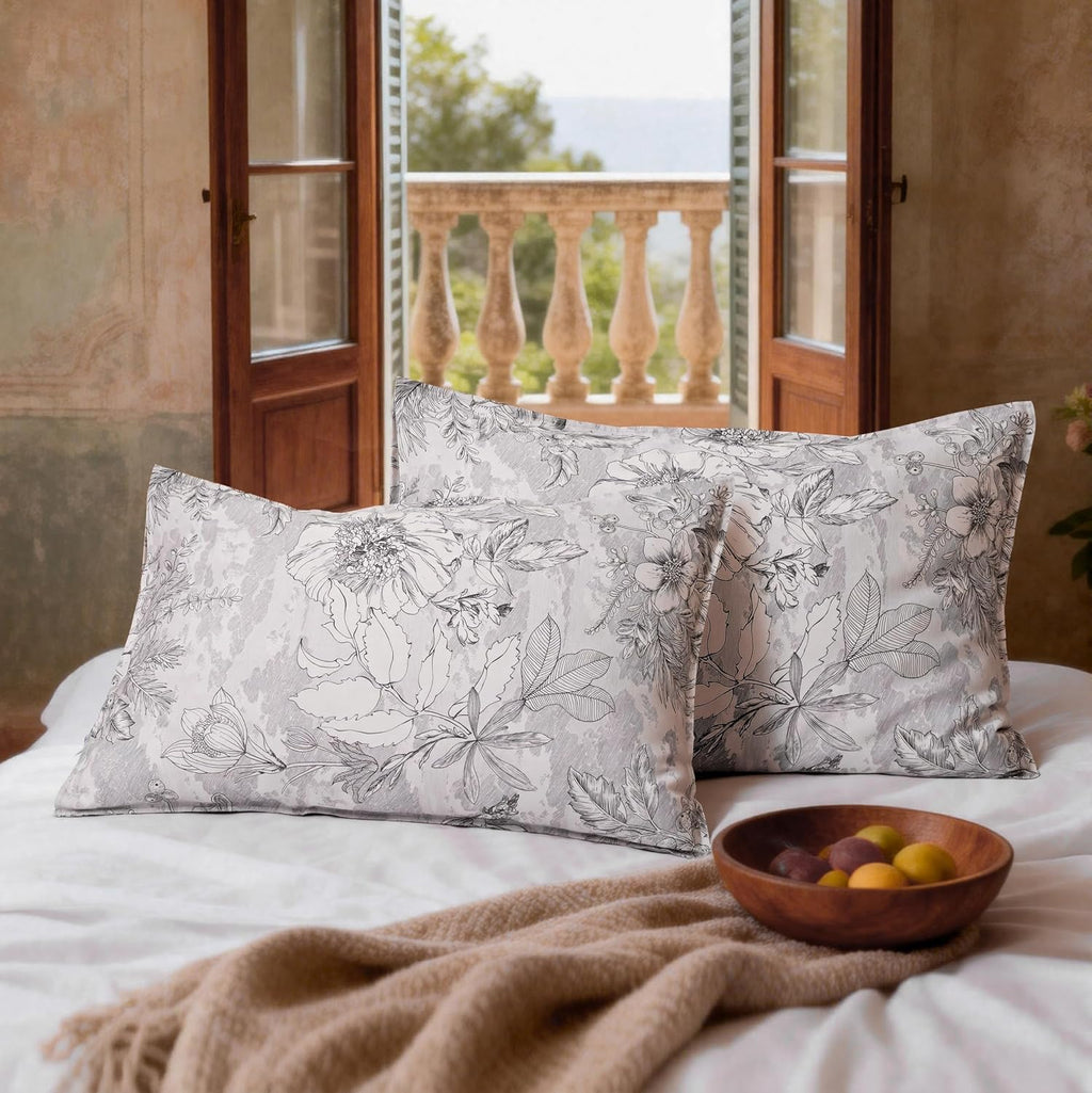 Chuffed 100% French Linen Pillow Cases Sketch Floral Print, Farmhouse Floral Stone Washed Pillow Shams with Envelope Closure Soft Breathabl…