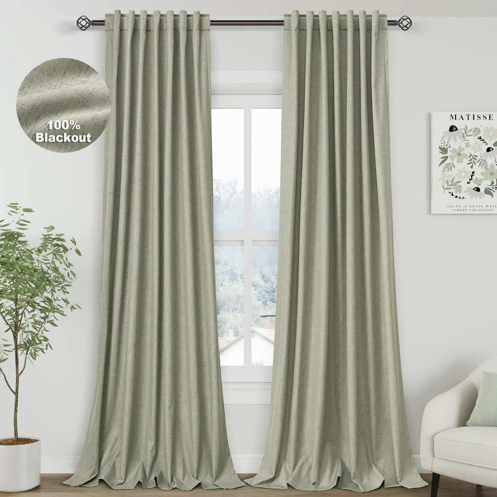 Nanspring Sage Green 100% Blackout Linen Curtains 96 Inches Long for Bedroom Back Tab Thermal Insulated Farmhouse Decor Coastal Black Out C…