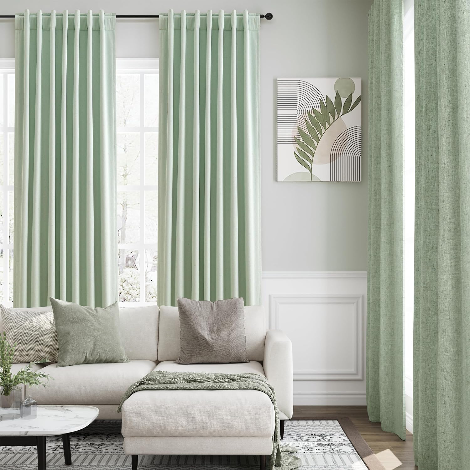 Nanspring Aqua Green 100% Blackout Linen Curtains for Bedroom 108 Inches Long Back Tab Rod Pocket Thermal Insulated Acoustic Panels Black o…