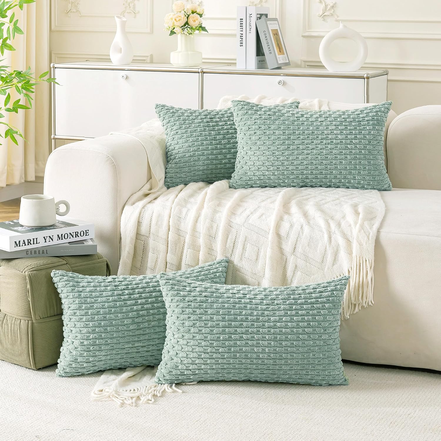 Cozoomy Set of 4 Aqua Decorative Throw Pillow Covers 12x20 Inch Corduroy Pillow Covers for Bed Couch Sofa Living Room Soft Cushion Cases 20…