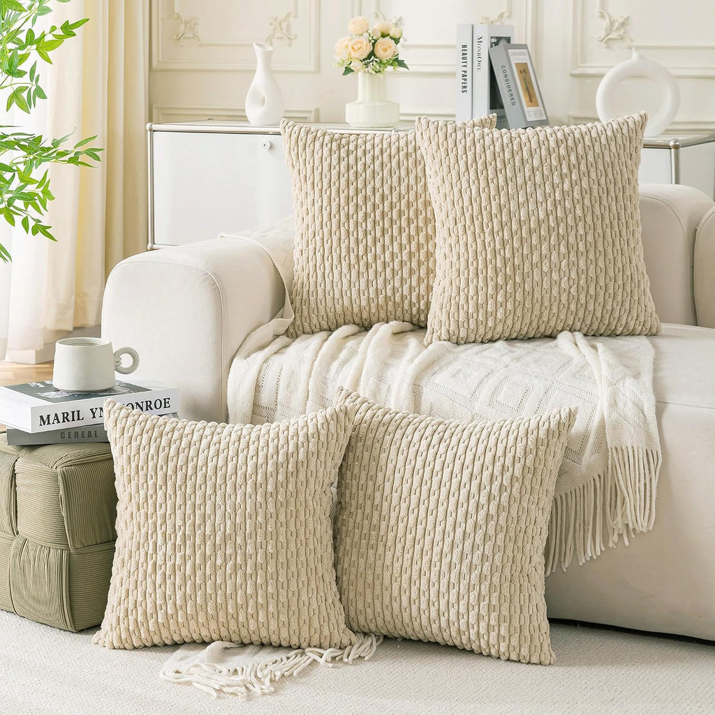 Cozoomy Set of 4 Beige Decorative Throw Pillow Covers 20x20 Inch Corduroy Pillow Covers for Bed Couch Sofa Living Room Soft Square Cushion…
