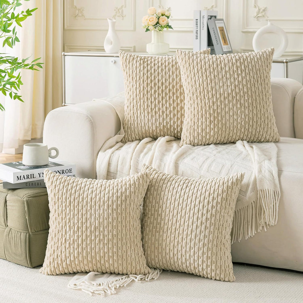 Cozoomy Set of 4 Beige Decorative Throw Pillow Covers 22x22 Inch Corduroy Pillow Covers for Bed Couch Sofa Living Room Soft Square Cushion…