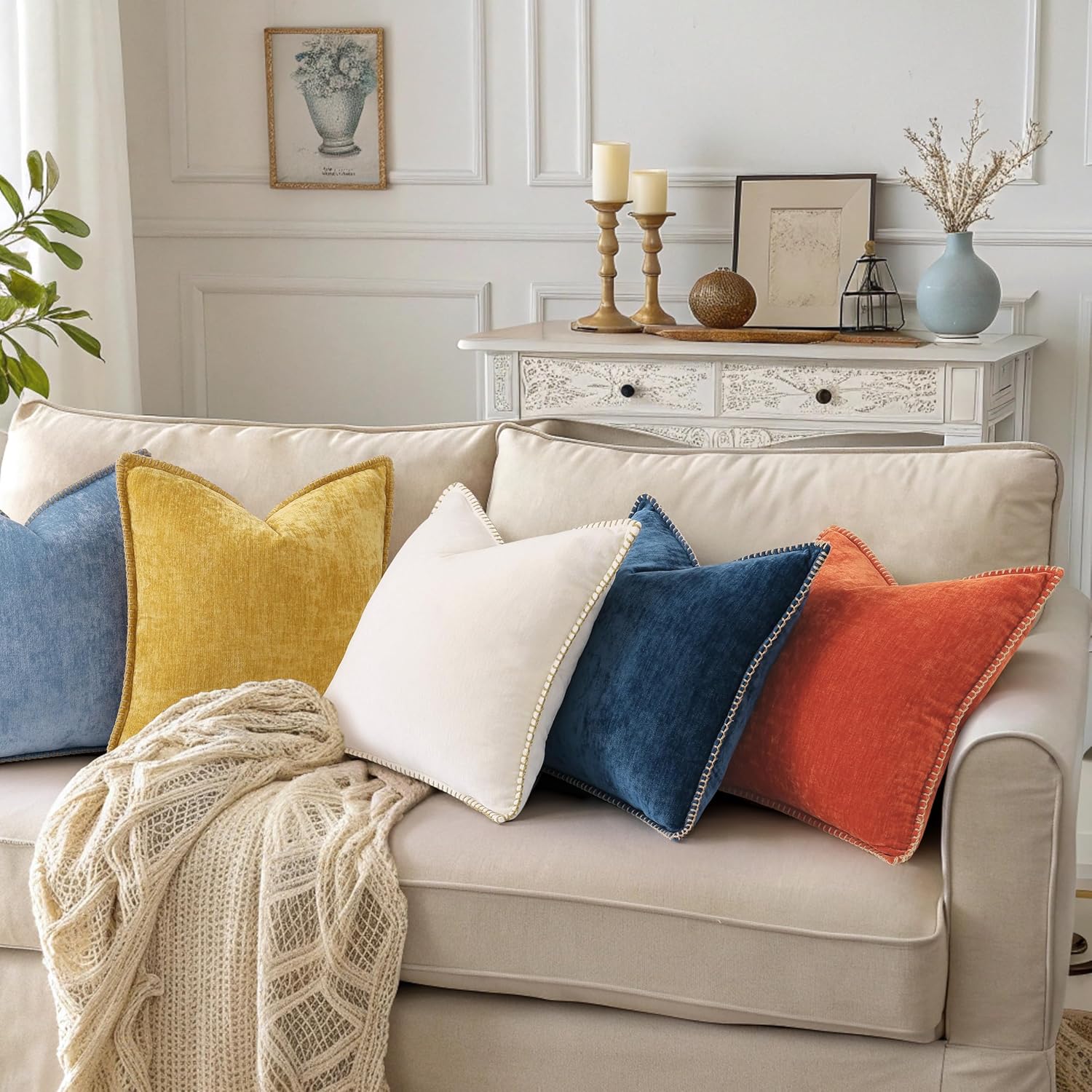 decorUhome Summer Chenille Soft Cozy Throw Pillow Covers 22x22 Set of 2, Modern Farmhouse Boho Velvet Decorative Euro Sham Pillow Cases wit…