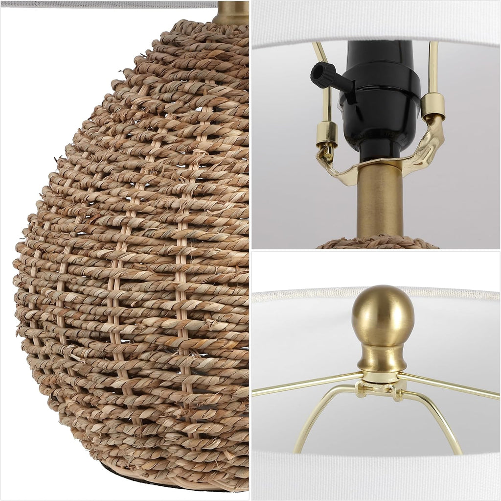 Jonathany JONATHAN Y 20.5" Brown Rattan and Iron LED Table Lamp, Coastal Bohemian Farmhouse Woven Nightstand Lamp with White Linen Drum Sha…