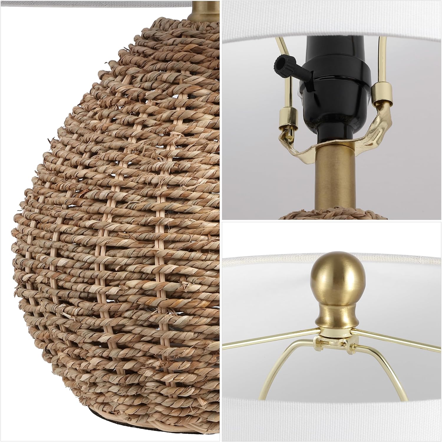 Jonathany JONATHAN Y 20.5" Brown Rattan and Iron LED Table Lamp, Coastal Bohemian Farmhouse Woven Nightstand Lamp with White Linen Drum Sha…