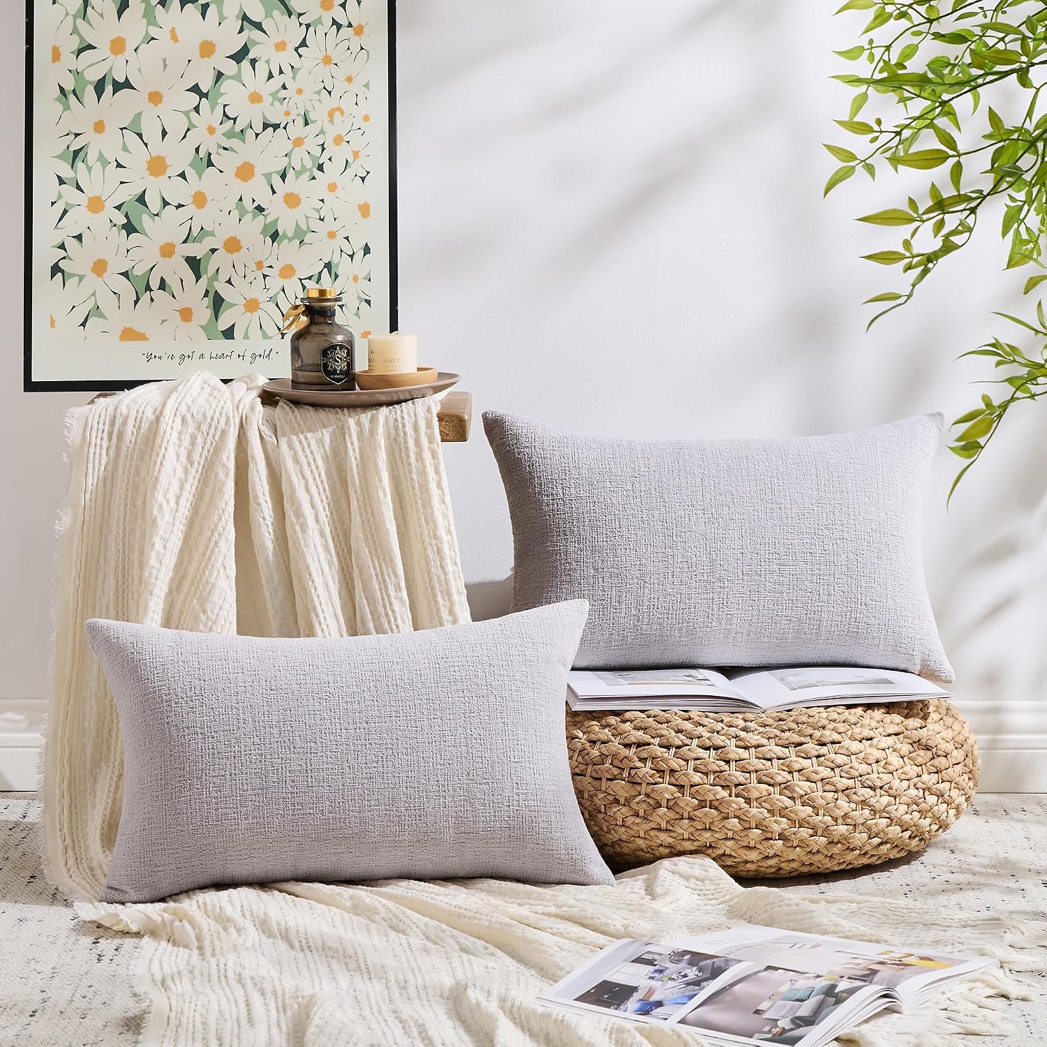 Gawamay Pack of 2 Decorative Lumbar Throw Pillow Covers 20x12 Inch, Soft Chenille Boho Farmhouse Cushion Cases, Couch Pillow Covers for Liv…