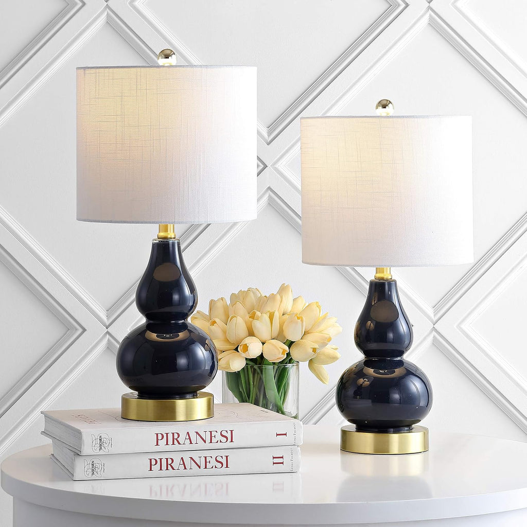 JONATHAN Y 20.5" Navy Glass Table Lamp, Modern Gourd Bedside Nightstand Lamp for Bedroom, Living Room, White Linen Shade, LED Bulb…