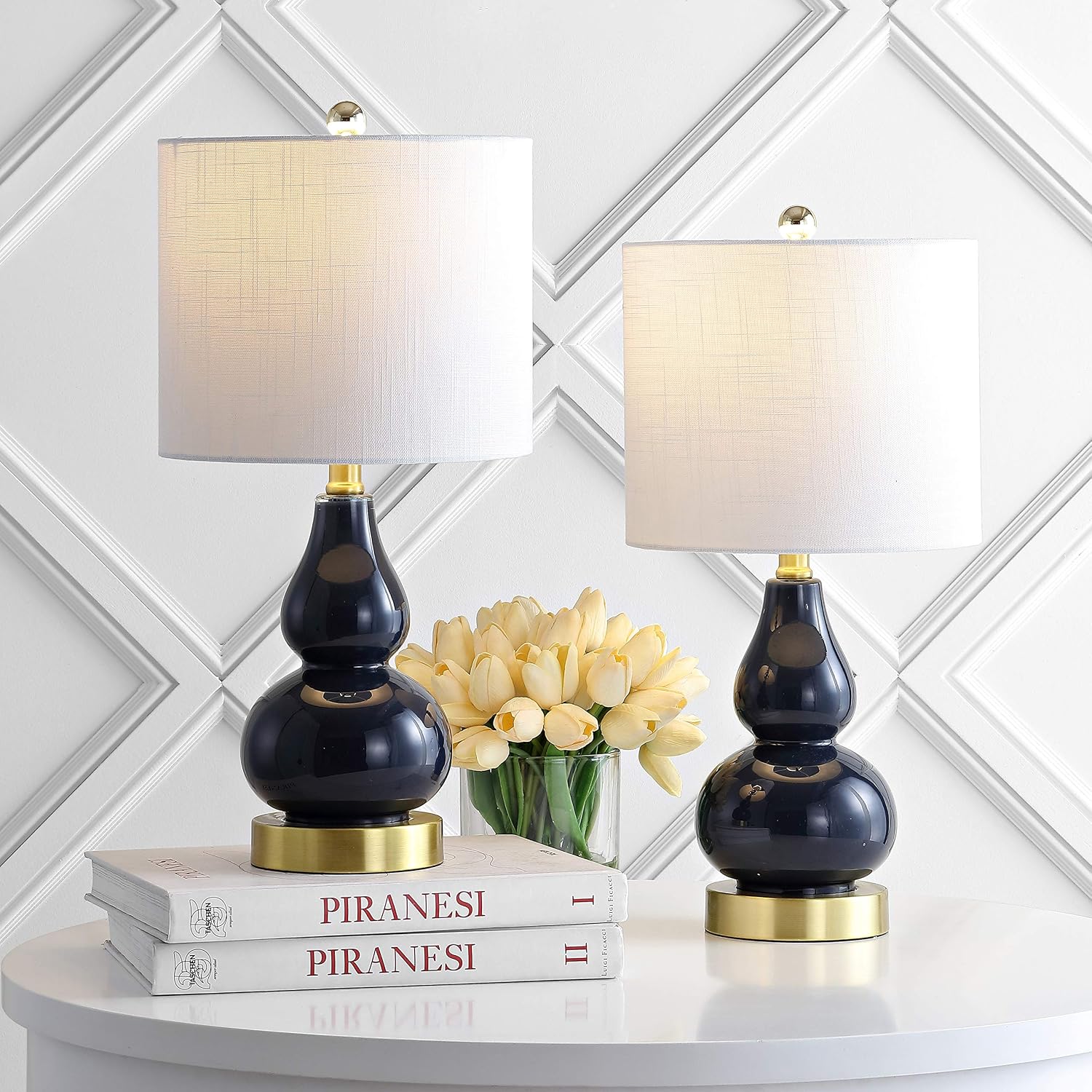 JONATHAN Y 20.5" Navy Glass Table Lamp, Modern Gourd Bedside Nightstand Lamp for Bedroom, Living Room, White Linen Shade, LED Bulb…