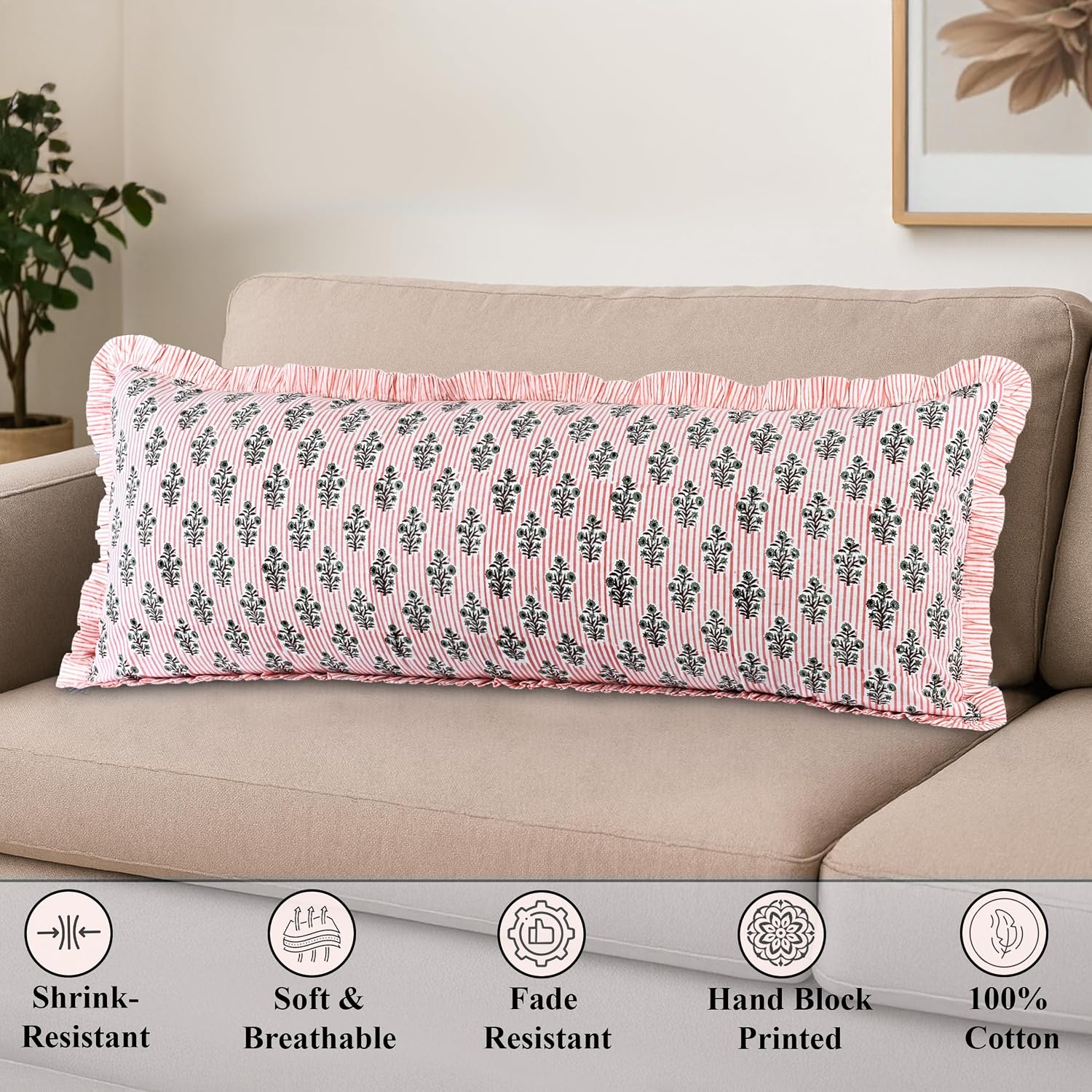 Ridhi Salmon Blossom Stripe 100% Cotton Block Print Ruffle Sham Cover 20x54 Set of 1 Floral Pillowcase, Farmhouse Cottagecore Bedding…