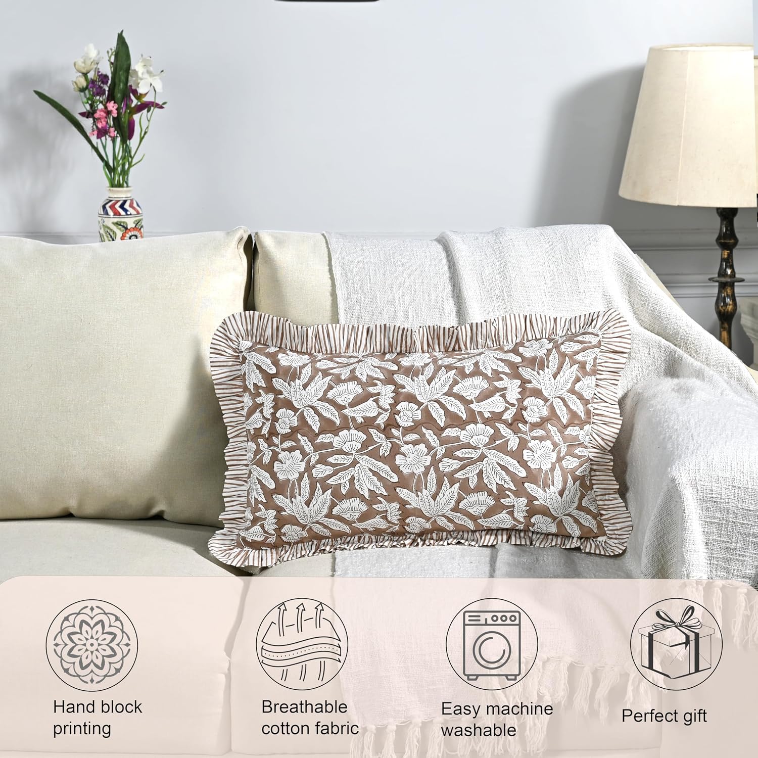 Ridhi Block Print Oak Brown 20"x12" Set 1-100% Cotton Ruffle Lumbar Sham Cover Boho Floral Pillowcase, Farmhouse Cottagecore Bedding…